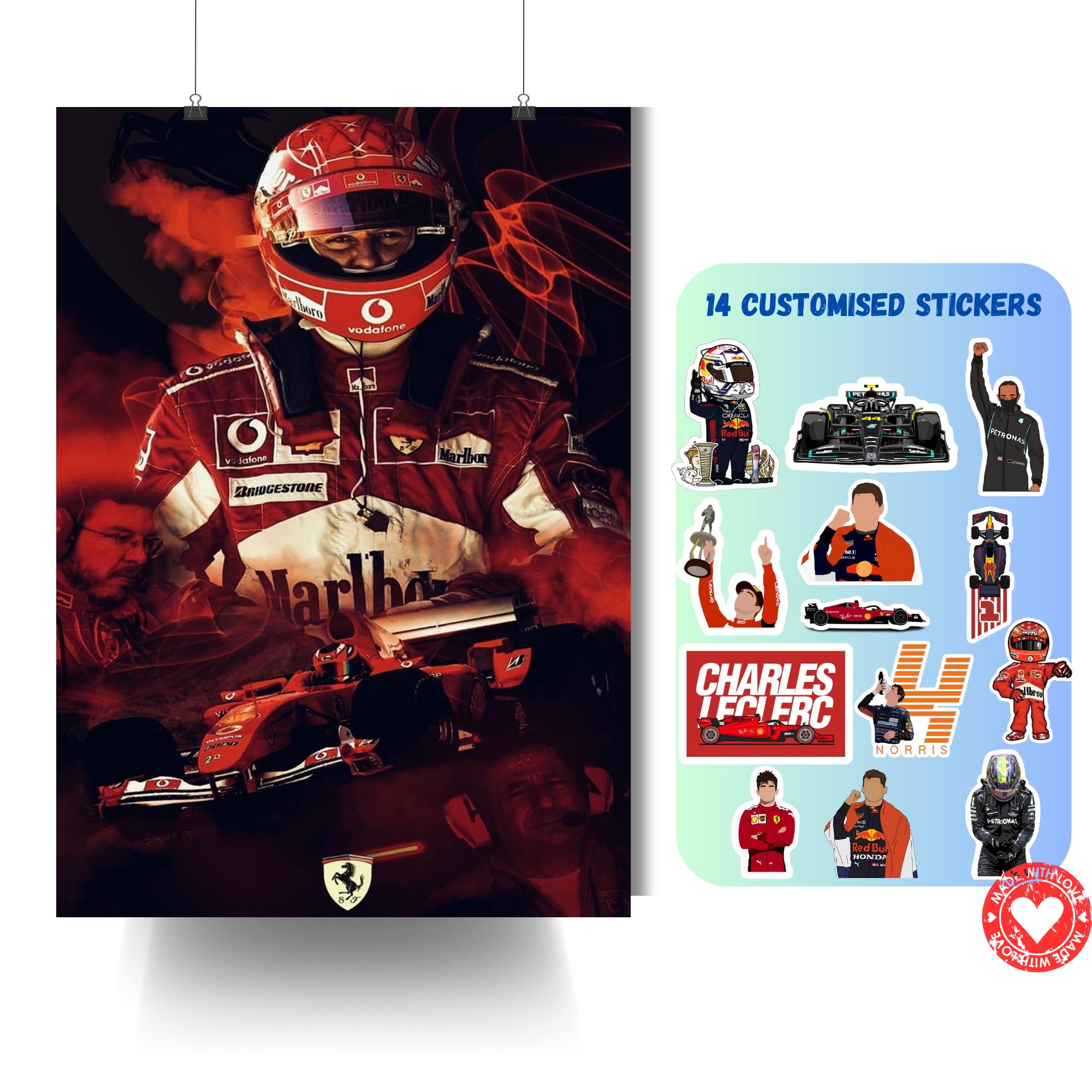 Michael Schumacher | F1 Car Racer Posters for Wall | A3 and A4 sizes | 400 GSM Paper | Gloss Lamination | Premium Packaging | Set of Laminated Stickers (Medium A4, 4)