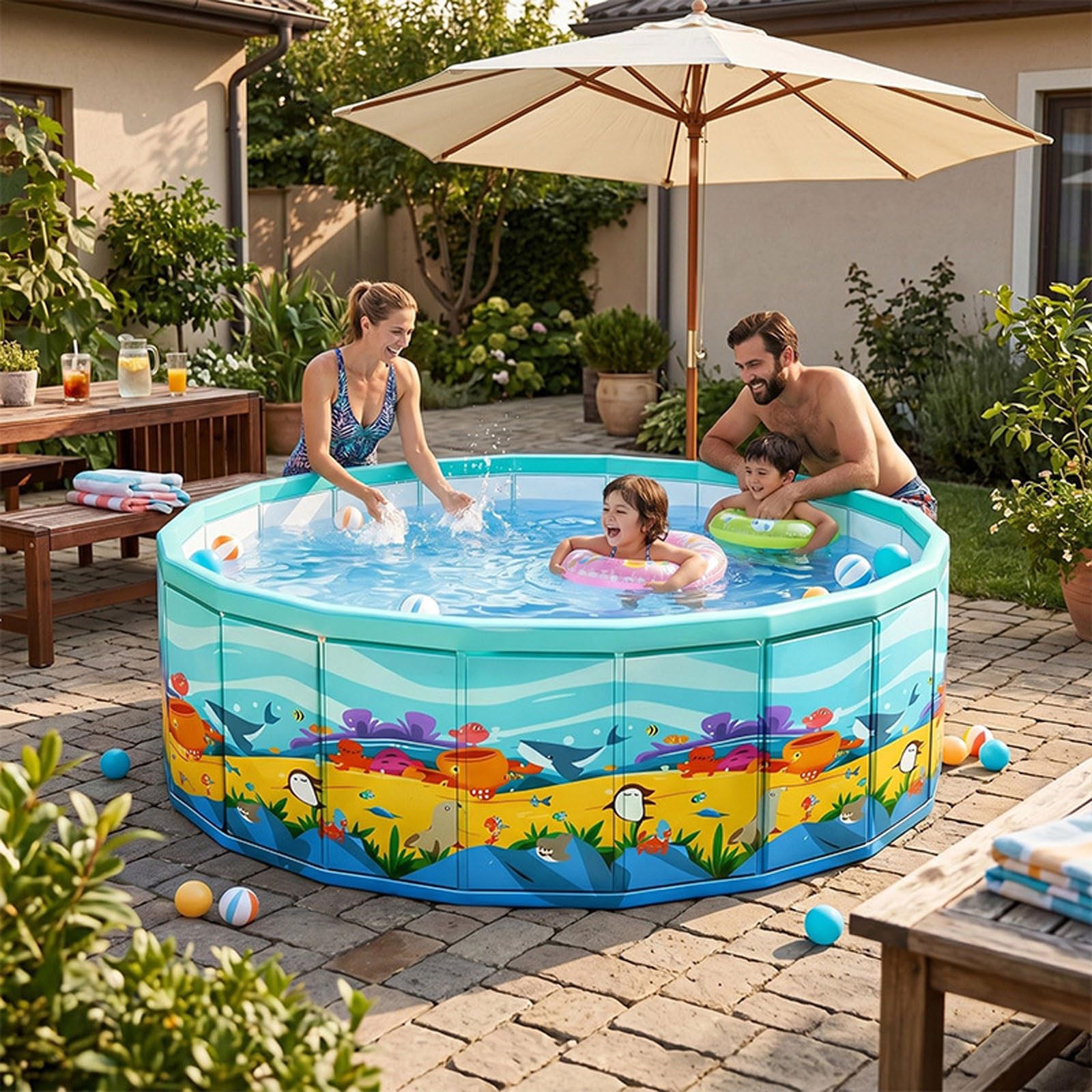Piscina Pieghevole Rotonda 160*45cm Grande Piscina Pieghevole Non Gonfiabile Per adulti famiglia cane Vasca Portatile Interattiva in PVC con Scarico Per Gioco Estivo In Cortile Terrazza O Giardino