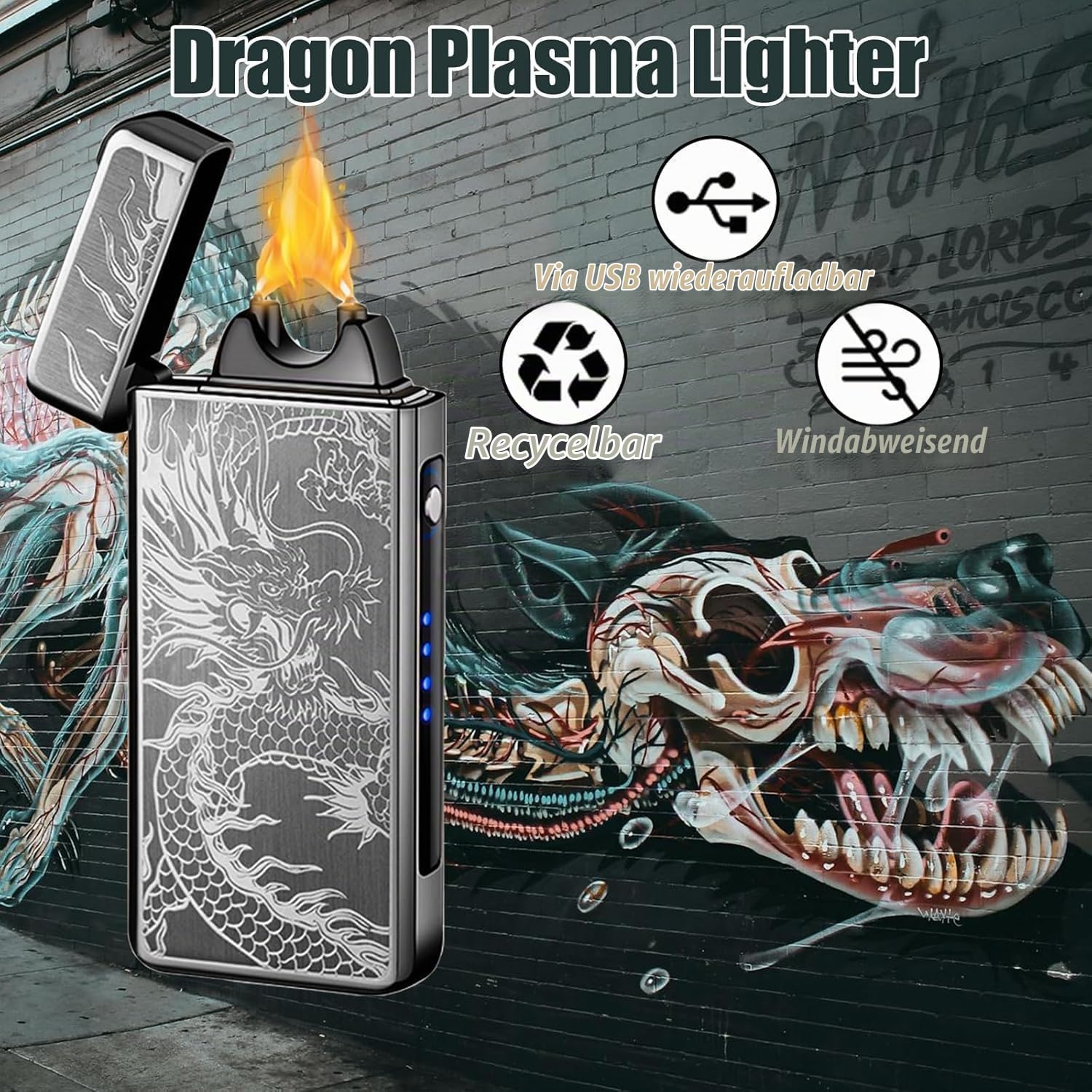 Drache Feuerzeug Sturmfeuerzeug Elektrische Feuerzeuge Feuerzeug Elektrisches mit Metallgehäuse Ladestandsanzeige und USB-C Aufladung für Kerzen Outdoor Camping Geschenk (Schwarzer Drache)