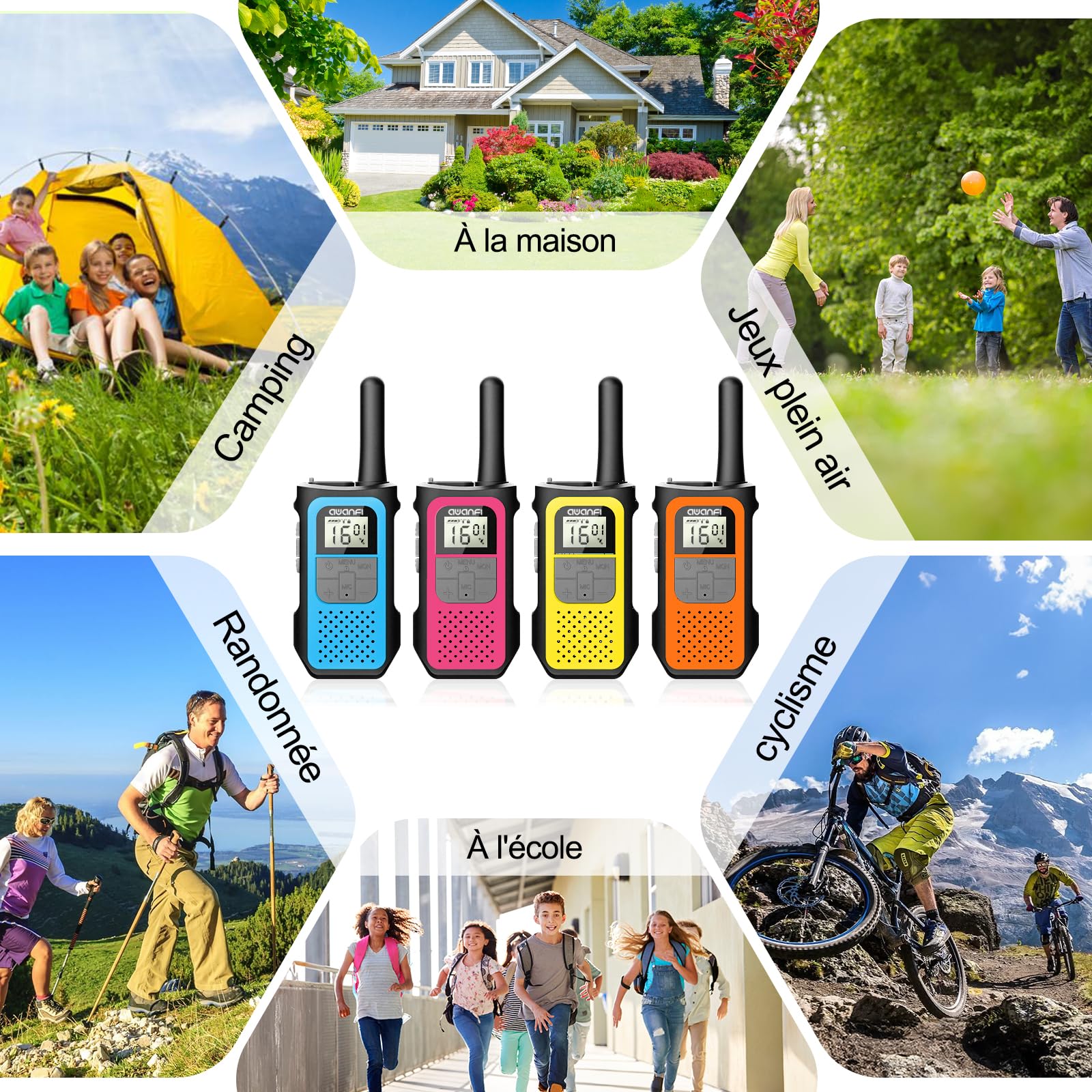 Talkie Walkie 4 Pièces Longue Portée Rechargeable USB C 16 Canaux pour Camping Randonnée Vélo