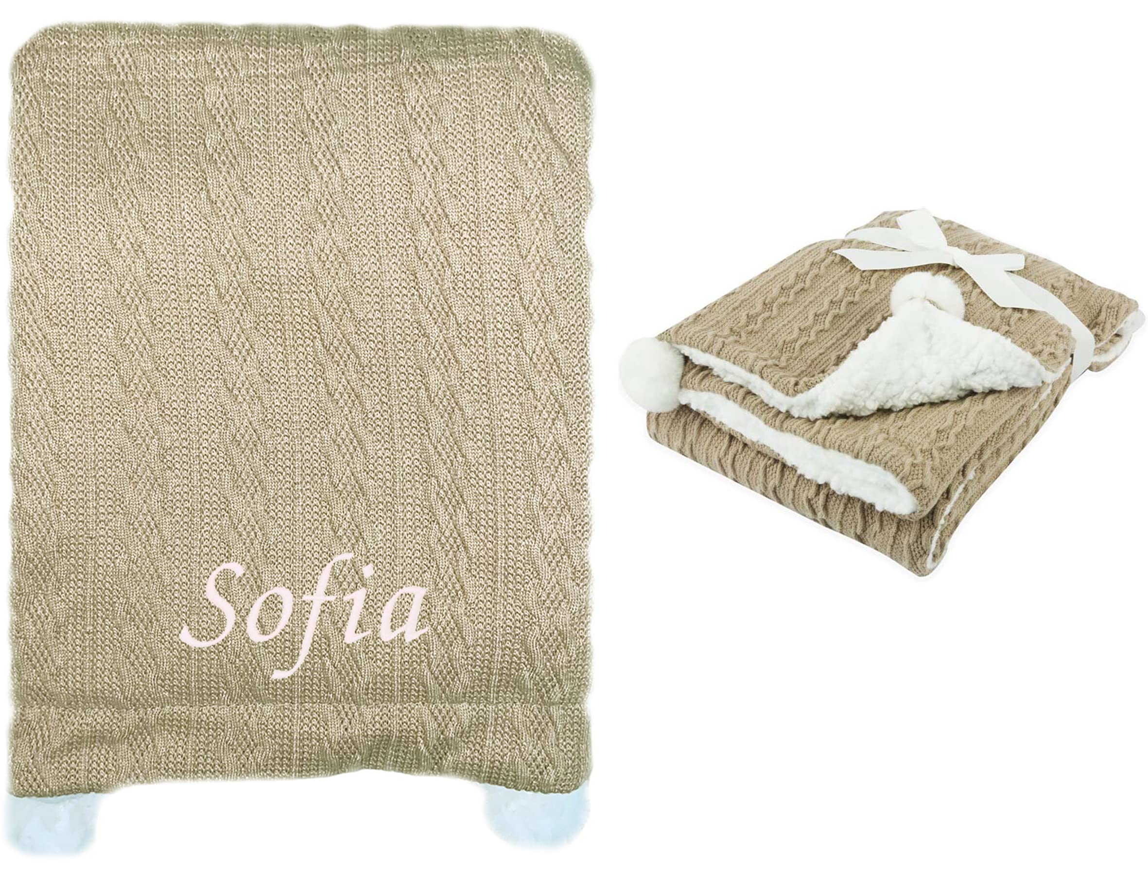 Kids Essentials Baby Boy Girl Personalised Knitted Cable Pom Pom Blanket (Coffee) โ image 1