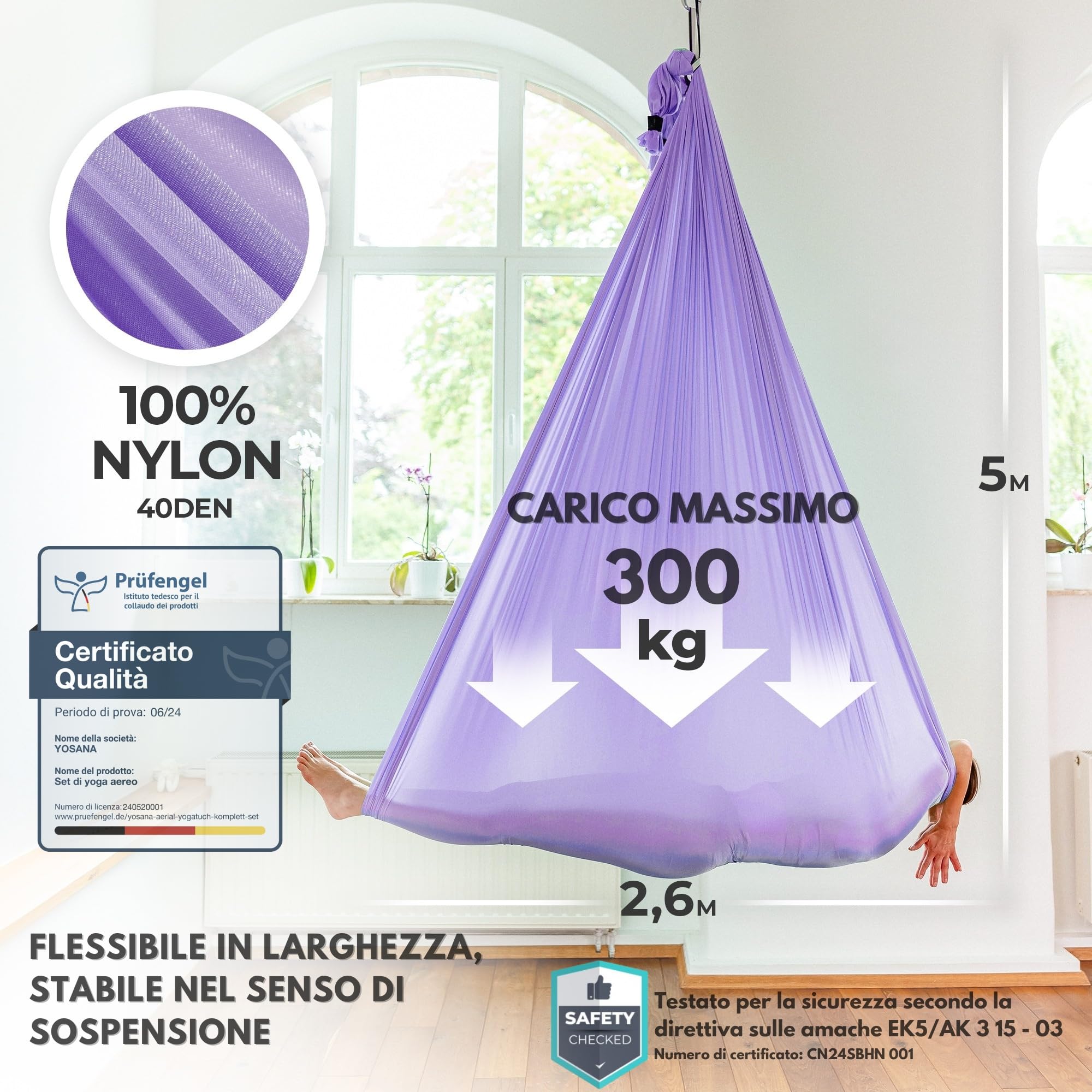 Kit Complet Hamac De Yoga Yosana | Nylon 5m X 2,6m, Charge 300 Kg, Sécurité Testée SGS