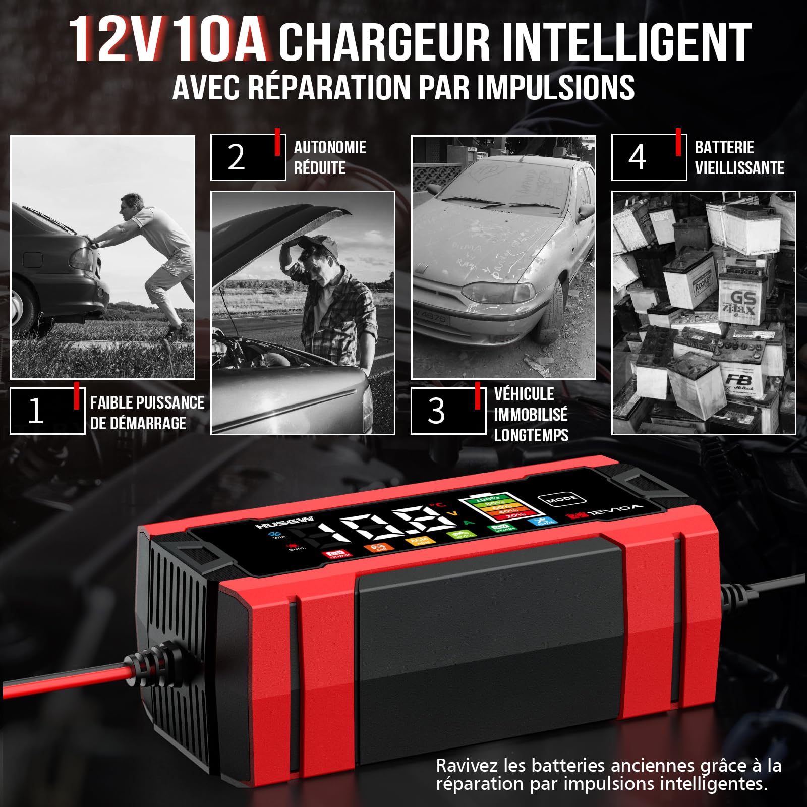 10A Chargeur de Batterie Voiture, 12V 10A LiFePO4 Chargeur Batterie pour Moto avec Réparation Automatisée, 6 Modes Maintien de Chargeur Batterie avec Écran LCD pour AGM/Gel/Wet/SLA
