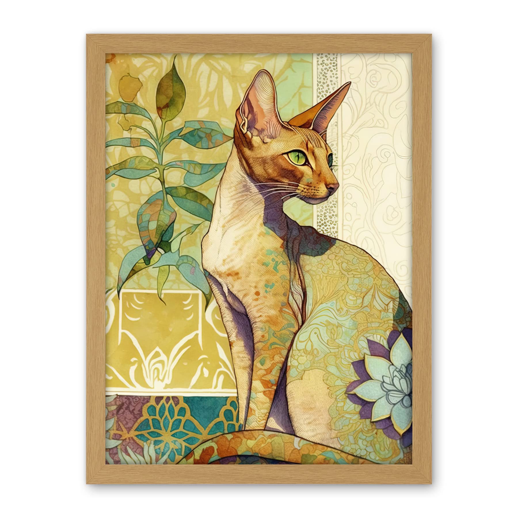 Artery8 Oriental Shorthair Cat with Art Nouveau Botanical Patterns Colourful Watercolour Illustration Artwork Framed Wall Art Print 18X24 Inch
