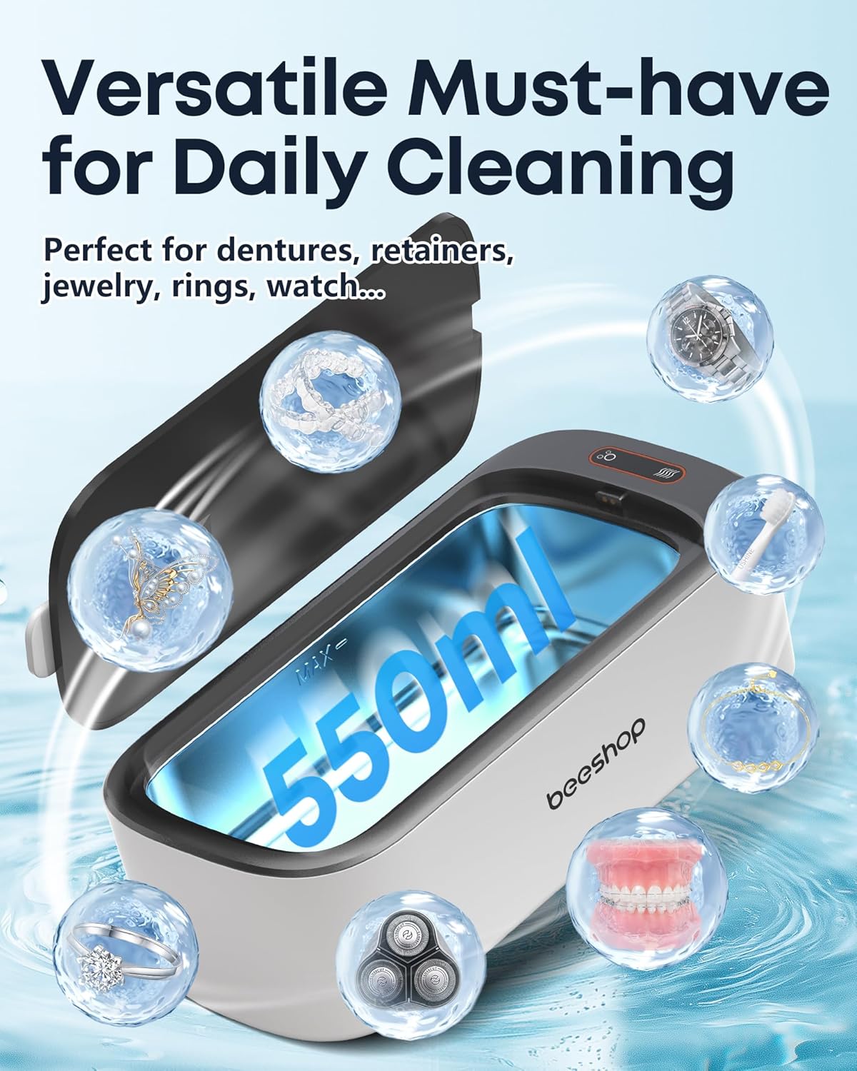 BEESHOP A6PRO Ultrasonic Cleaner showing its 550ml capacity and various items it can clean