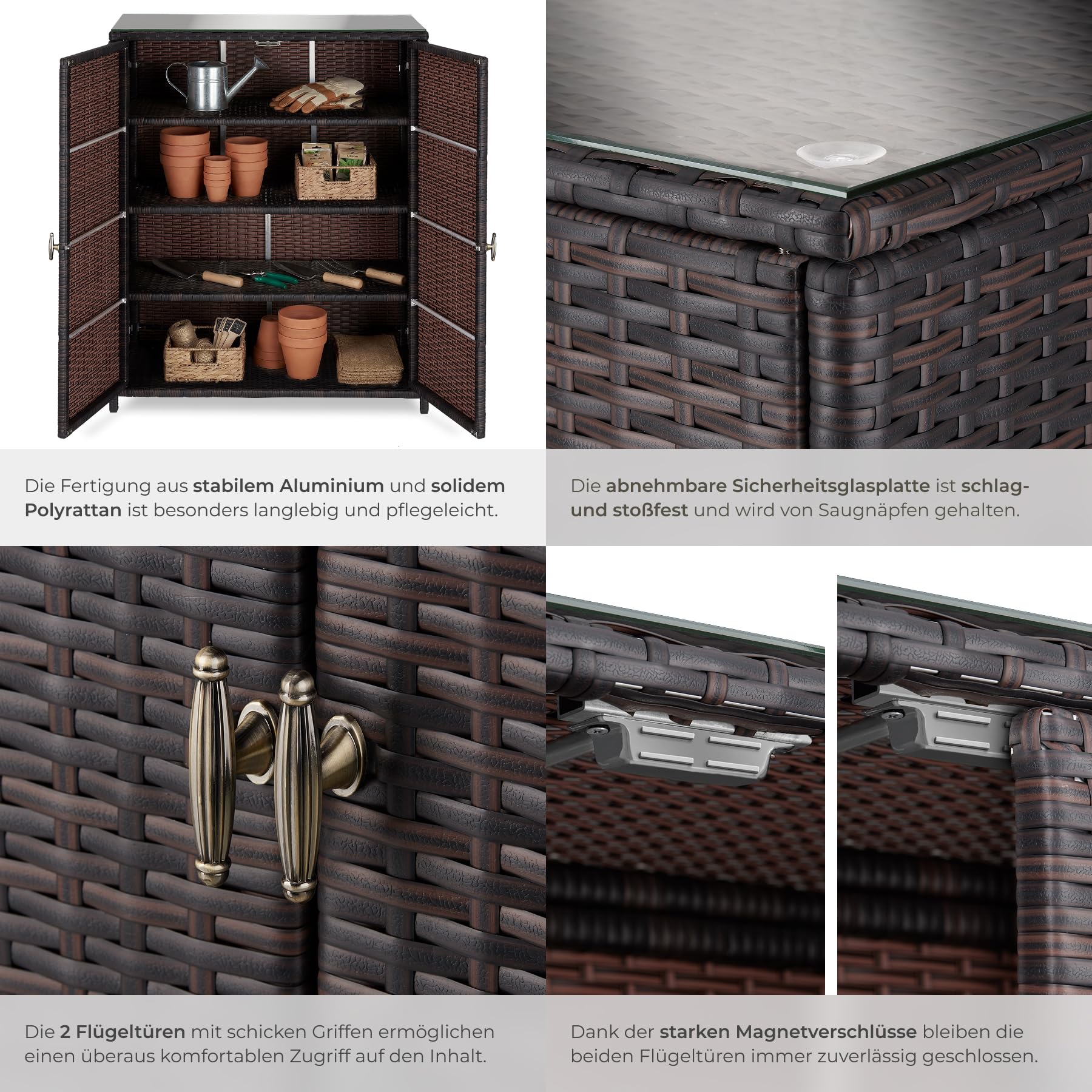 TecTake Rattan Gartenschrank 84,5x40,5x103,5 cm Aluminium Gestell Outdoor Schrank mit Einlegeböden braun