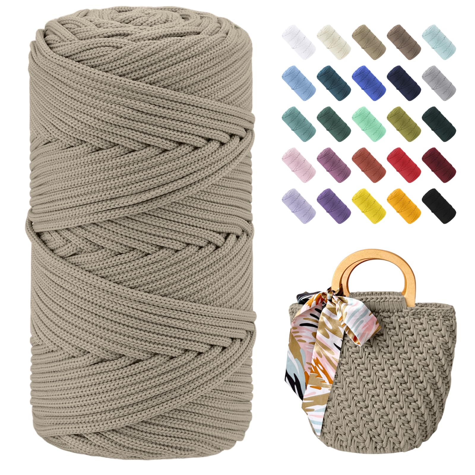Uiopa Braided Macrame Cord 4mm x 150m Polyester Cord Thick Crochet Yarn Macrame Rope for Crocheting Bags/Baskets, Macrame Projects, Decoration, DIY Crafts (Camel)