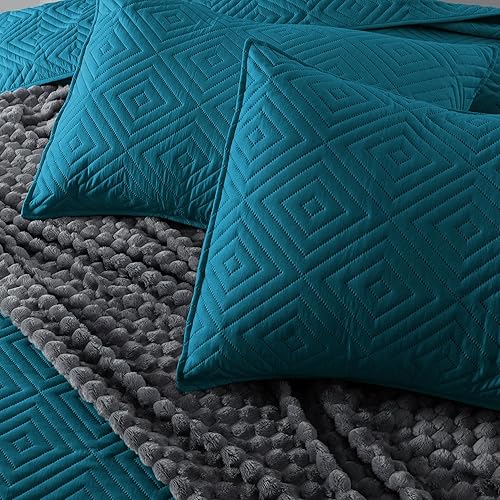 Miniatura 4 de Exclusivo Mezcla Juego de edredón de 3 piezas, color azul marino, tamaño King, diseño cuadrado, ultrasónico, ligero y suave, colchas, colchas, juego