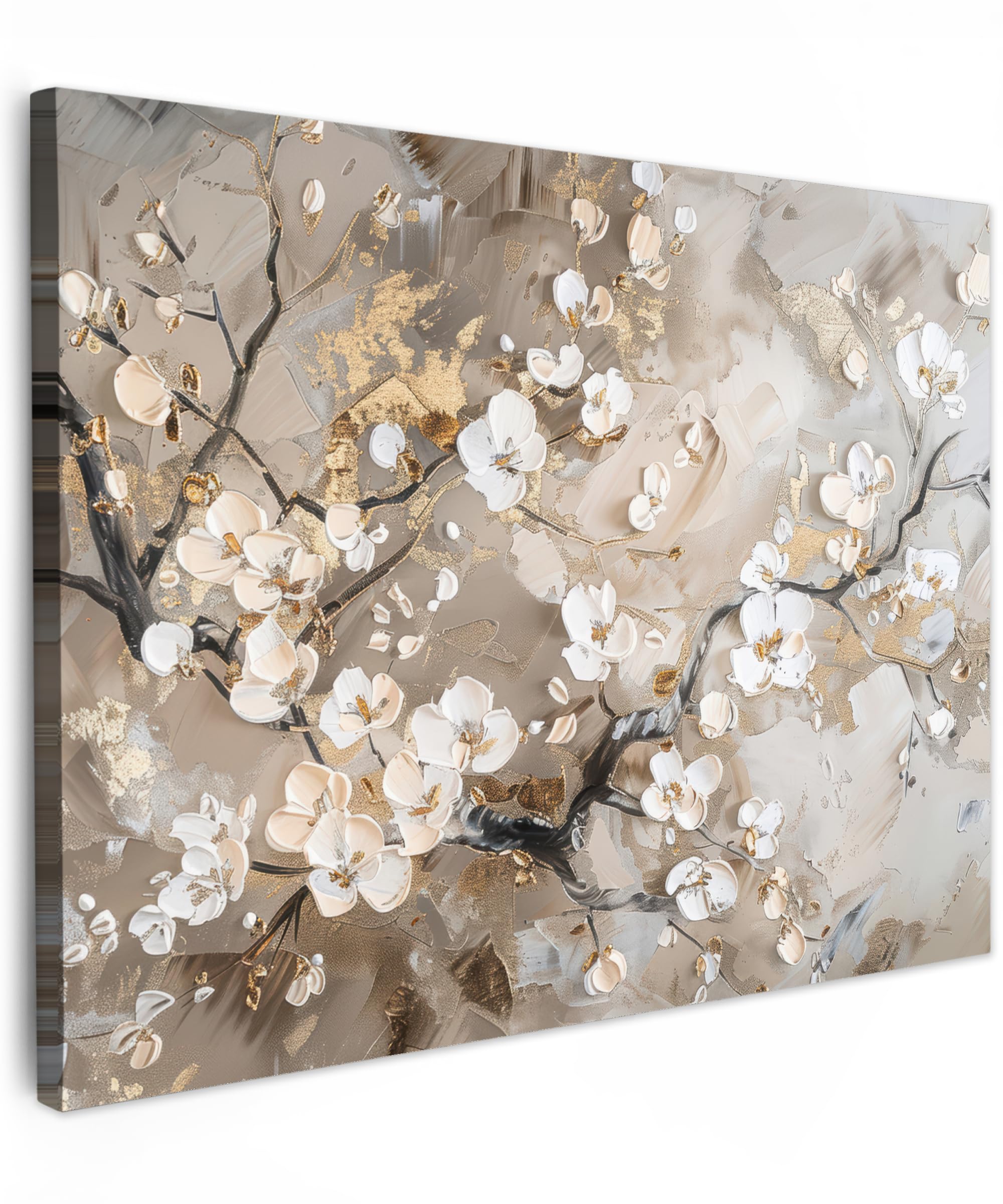 MuchoWow© Cuadros Decoracion Salon Modernos 80x60 cm Dormitorios Cuadro Decorativos de Salon Lienzos Decorativo Decoración Modernos Cabecero Cama Flores - Blanco - Oro - Beige - Lujo