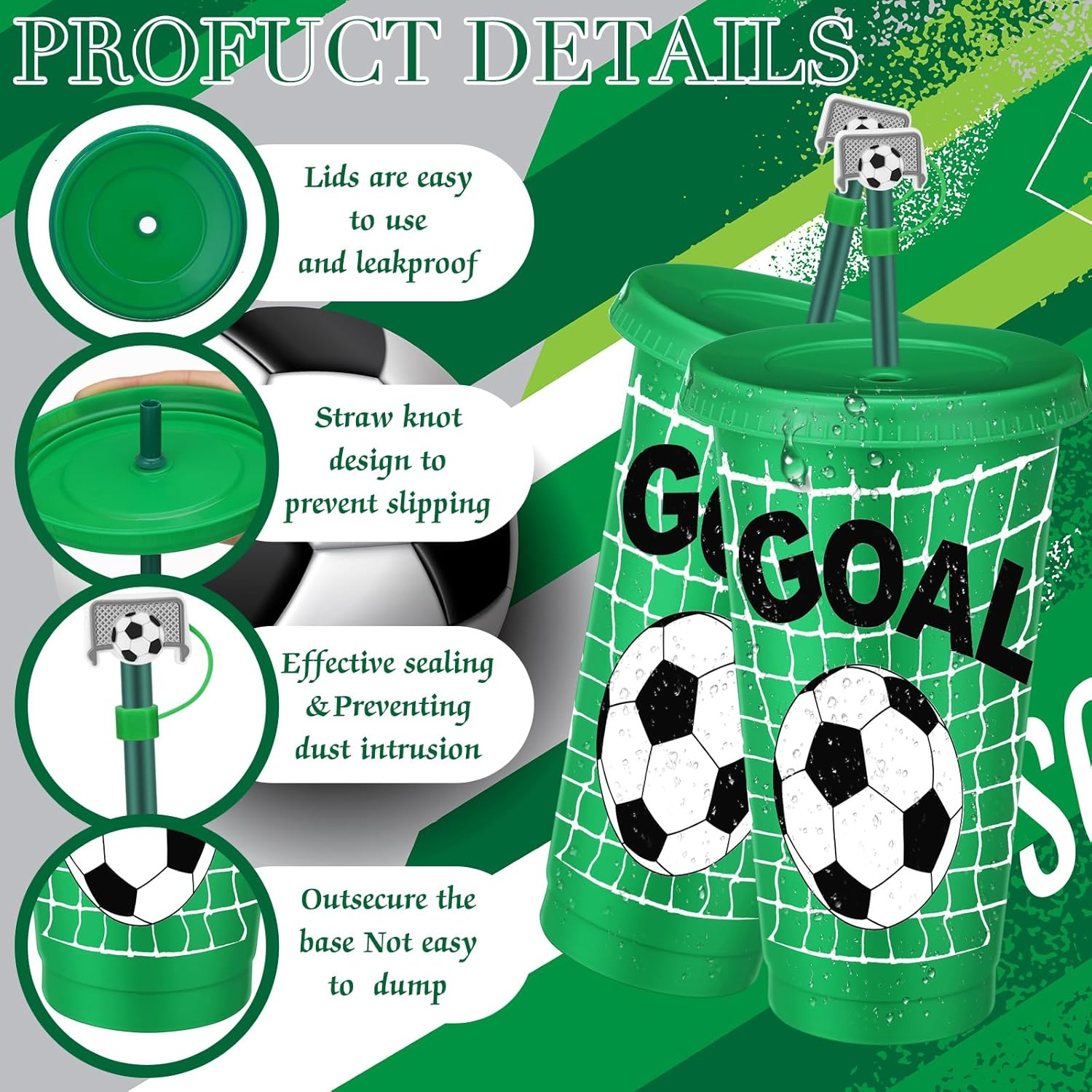 Domensi 12 Pcs Soccer Plastic Tumbler with Lid and Straw 24oz Reusable Plastic Cups with Straw Cover Caps Gifts for Fan Friend Guest Birthday Office Sport Party Supplies (Green Soccer) - Image 3