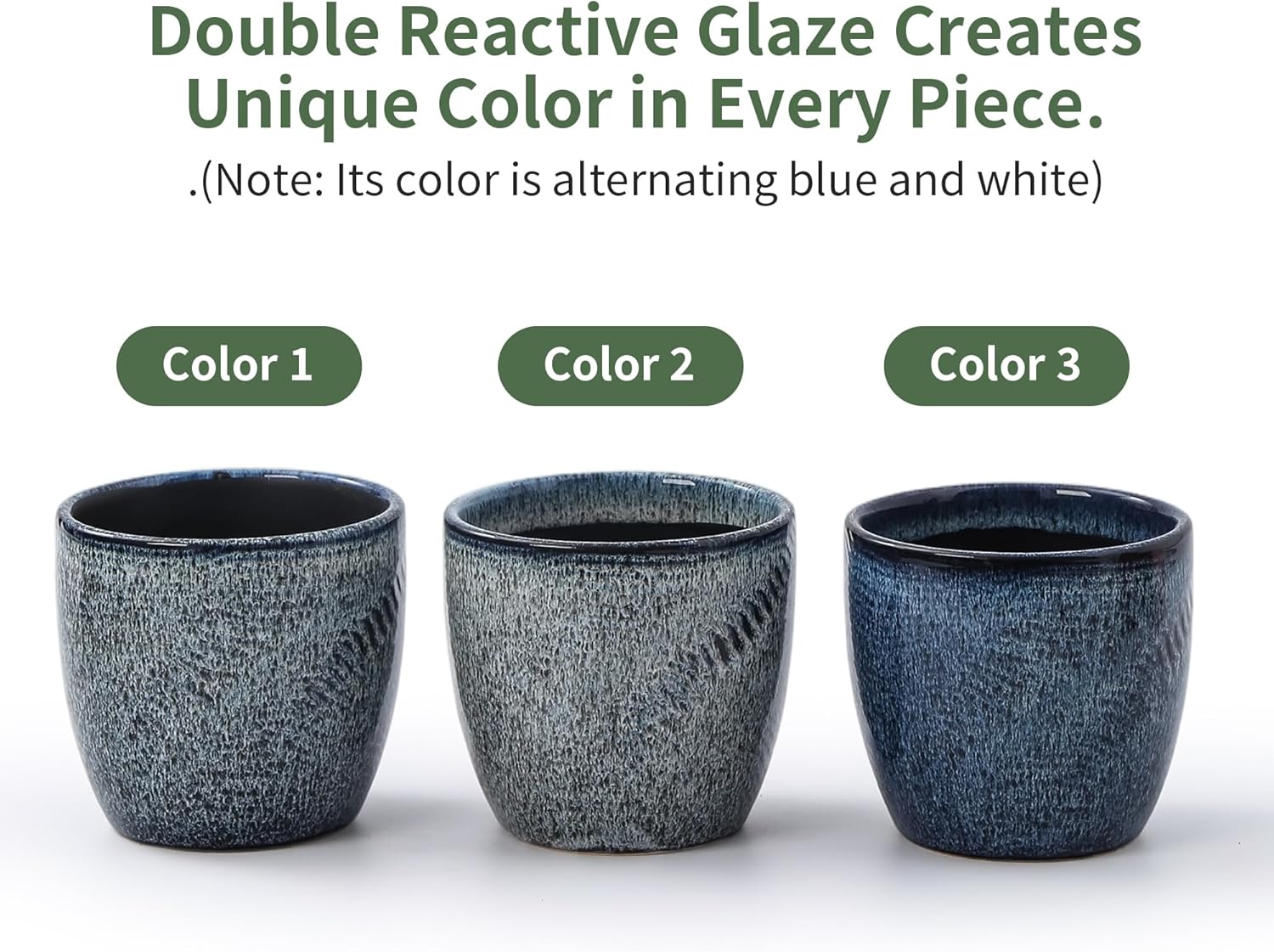 Set of 2 Ceramic Planters with Drainage Holes & Saucers - 4 + 5.75 Inch Blue & White Reactive Glaze Flower Pots - Unique Decorative Succulent Orchid Pots for Indoor Outdoor Coastal Home Decor