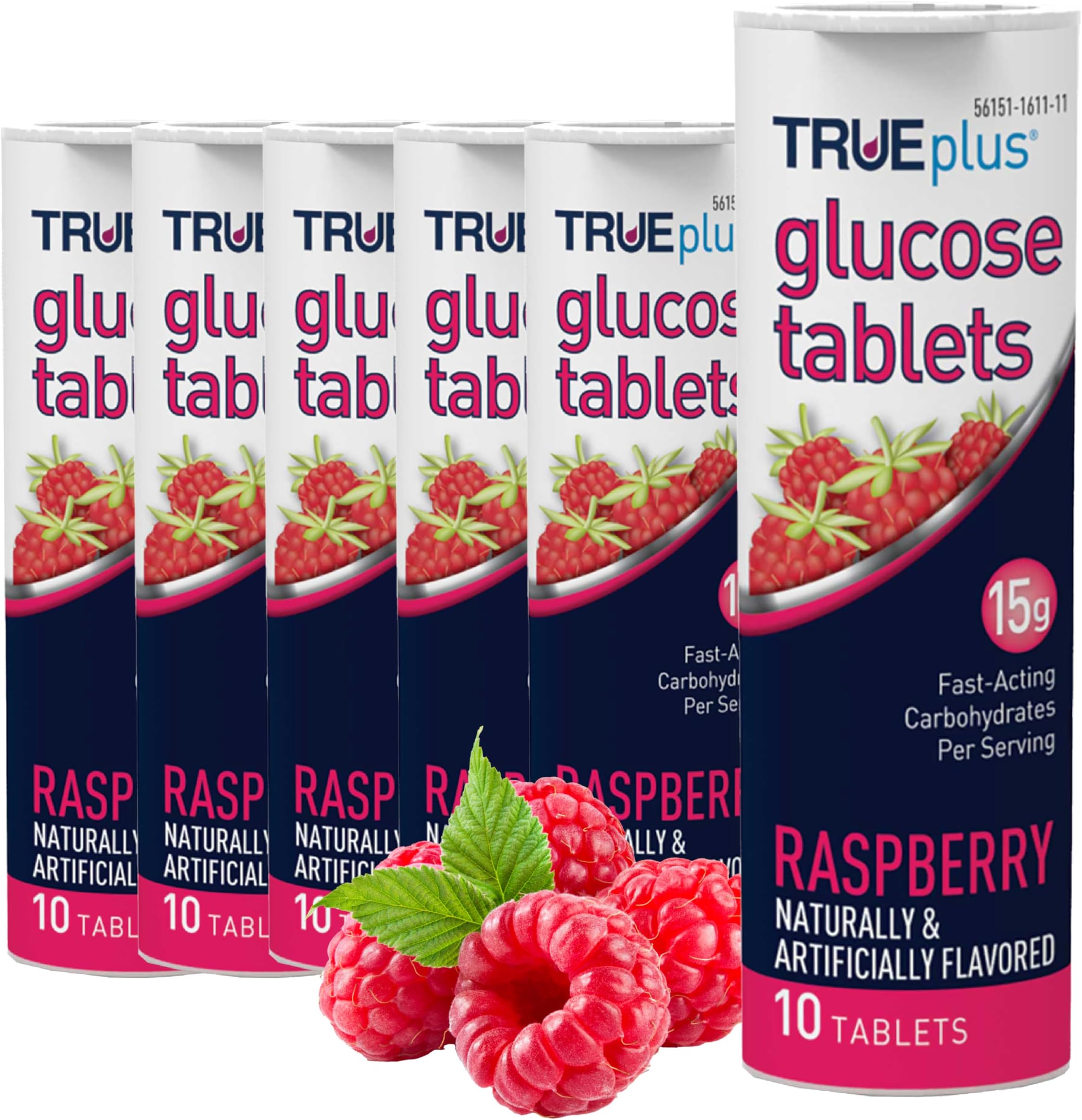 TRUEplus Glucose Tablets, Chewable, Raspberry Flavor, 15g Fast-Acting Carbohydrates, Fat Free, Gluten Free, Raise Low Blood Sugar and Boost Energy, 10 Count, 6 Tubes