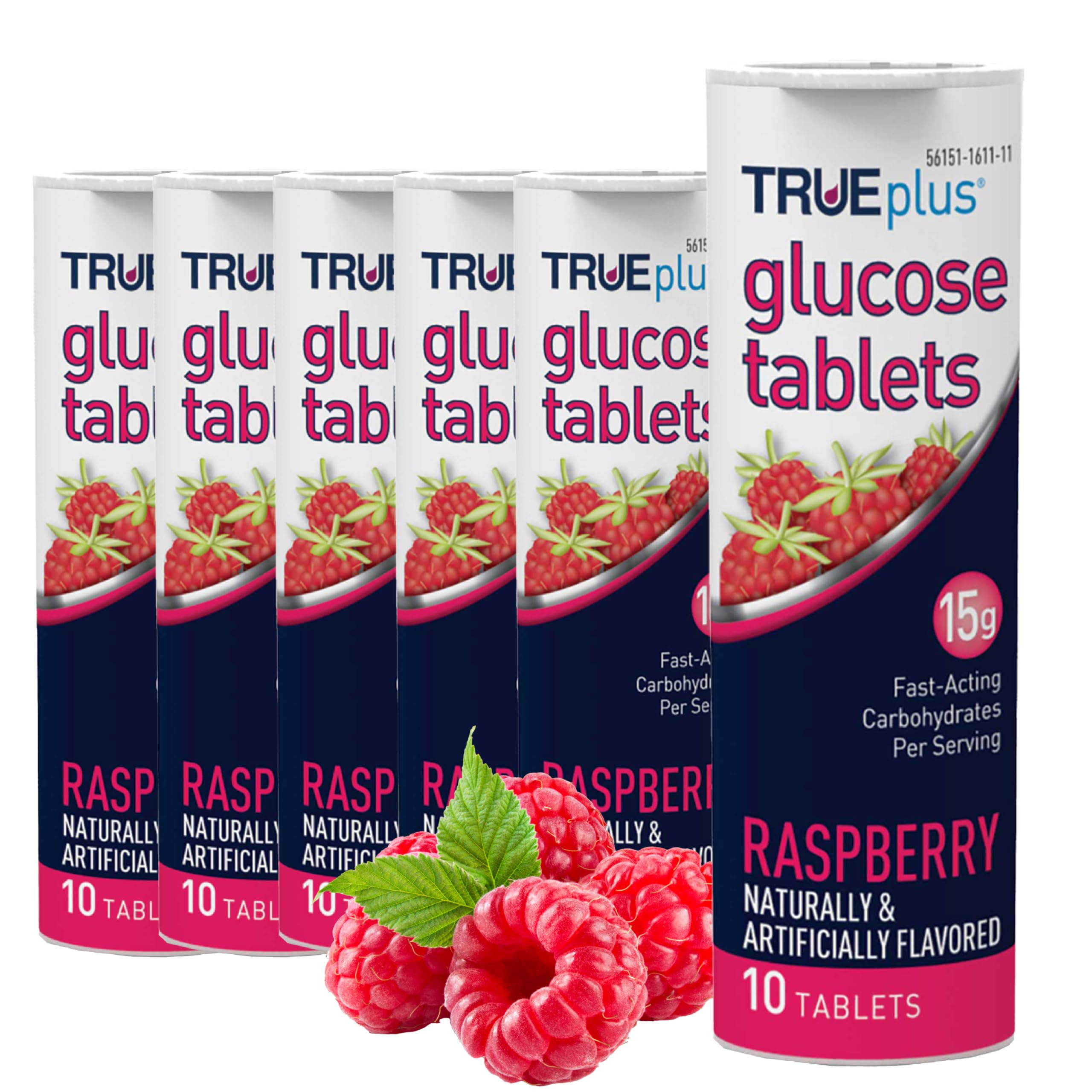 TRUEplus Glucose Tablets, Chewable, Raspberry Flavor, 15g Fast-Acting Carbohydrates, Fat Free, Gluten Free, Raise Low Blood Sugar and Boost Energy, 10 Count, 6 Tubes