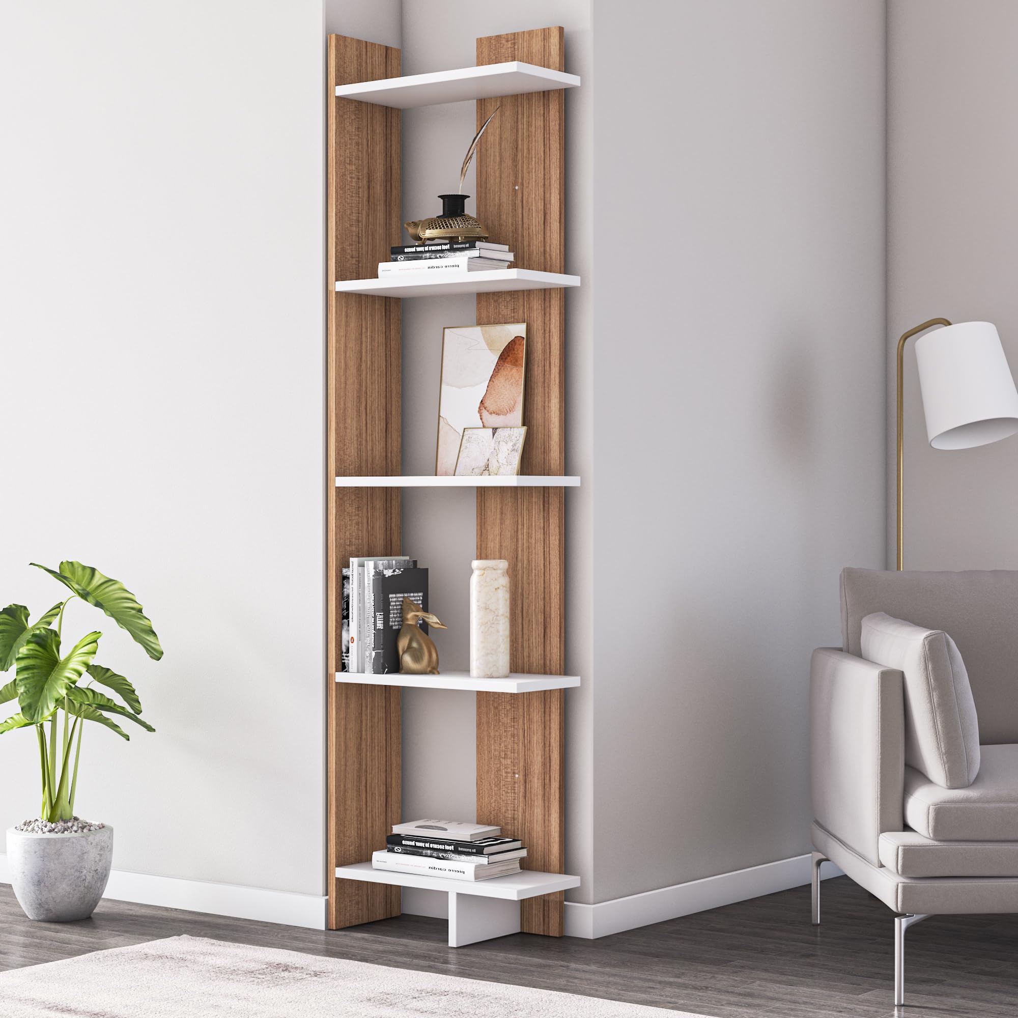 DECOROTIKA - Alice 5-Shelf Modern Display Corner Unit Bookcase Bookshelf Shelving Unit (White and Teak)