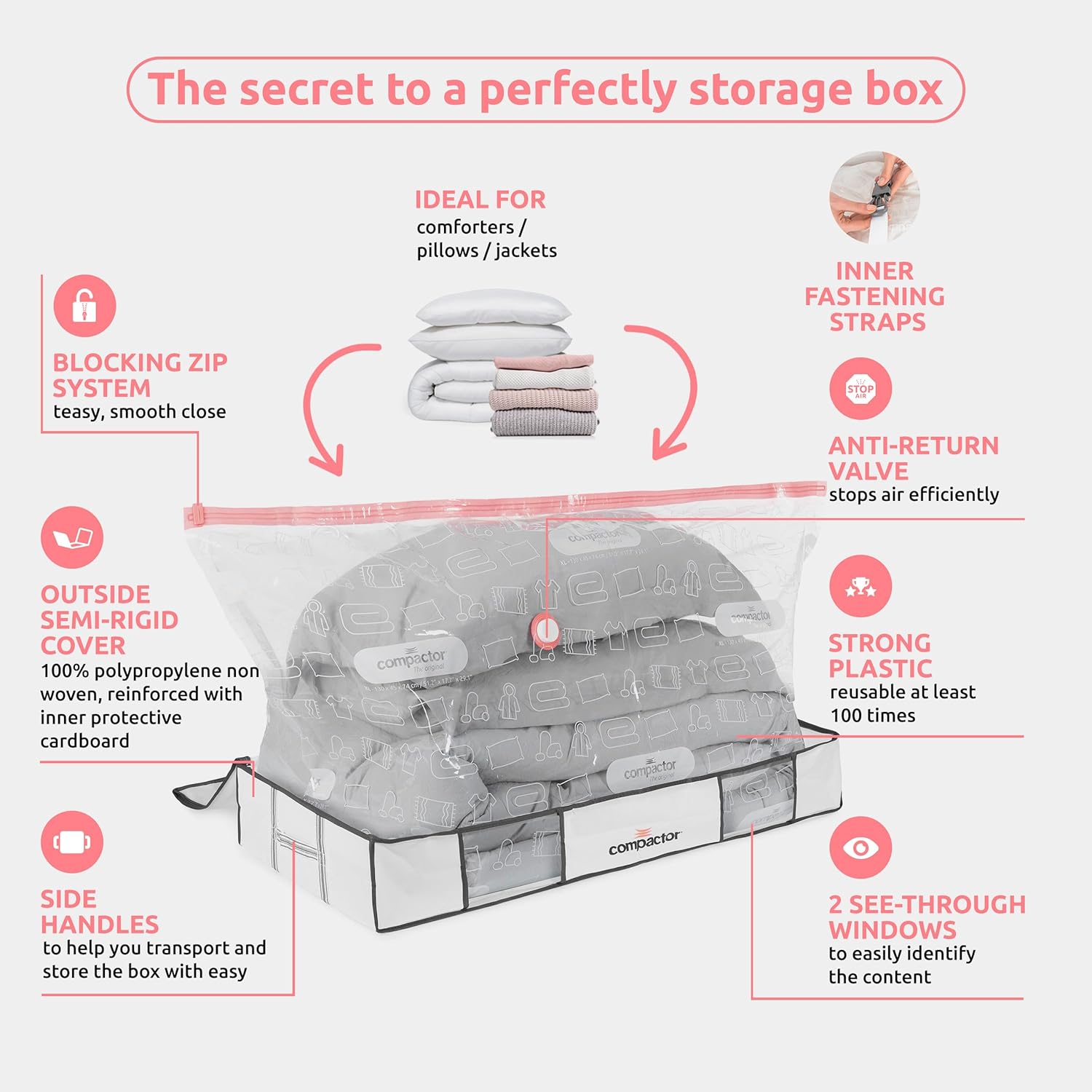 Compactor Vacuum Storage Bag with Semi-Rigid Structured Box, Polypropylene & Nylon Vacuum Storage Bags, Vacuum Seal Bags for Clothing and Bedding, Closet Organizer (White, X-Large)