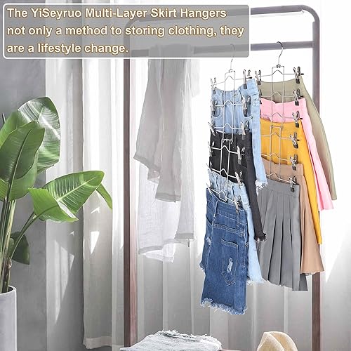Miniatura 6 de Paquete de 3 perchas para pantalones que ahorran espacio, organizadores de armario de 6 niveles y perchas de almacenamiento para faldas con clips