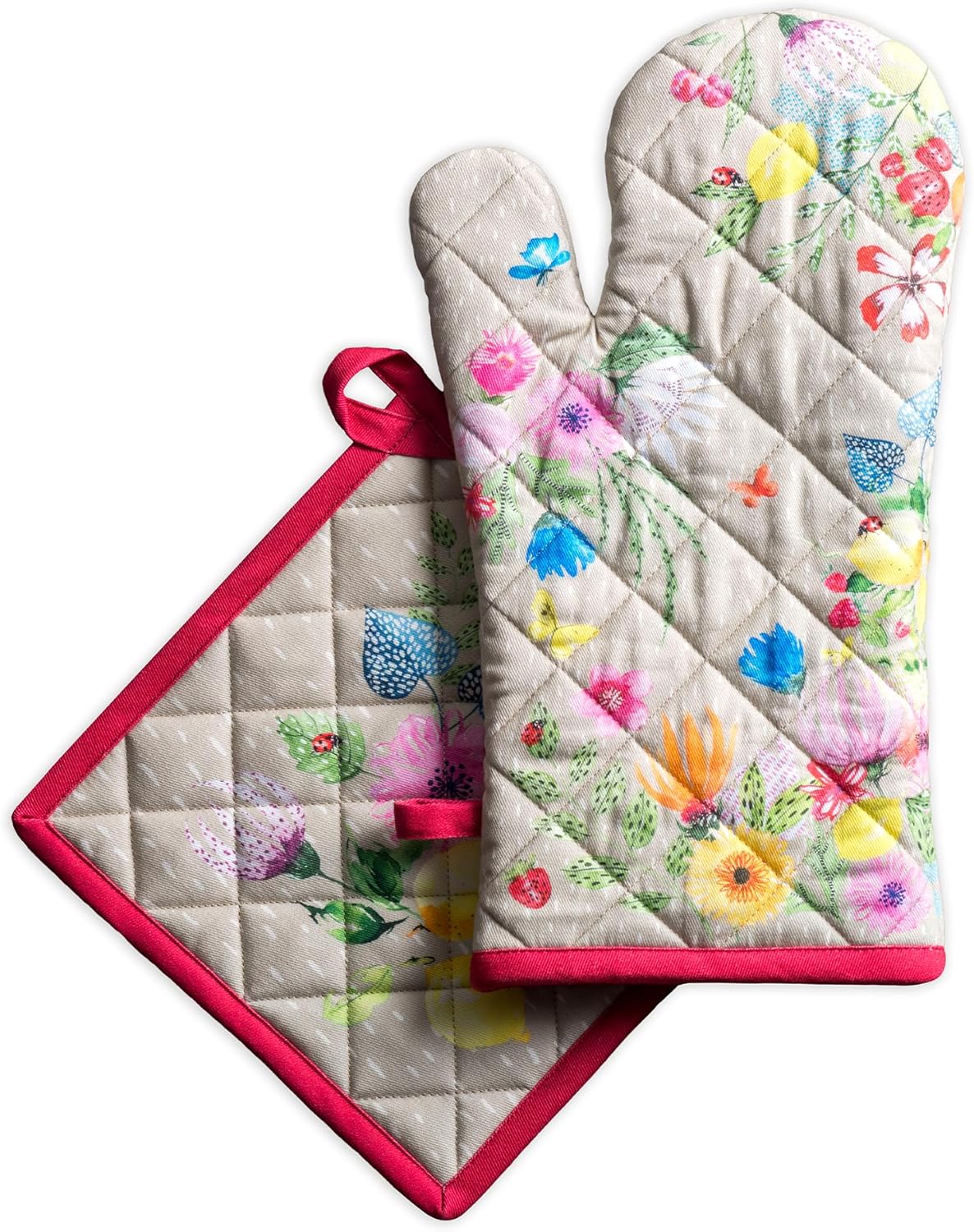 Maison d' Hermine 100% Cotton Oven Mitt & Pot Holder Set (7.5"x13" & 8"x8") Heat Resistant BBQ Cooking Gloves with Loop Grilling Kitchen Gifts for Mothers Day Spring/Summer (Jardin D'Ete - Fog)