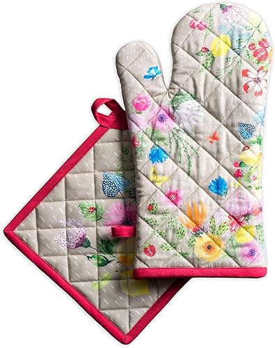 Maison d' Hermine - Guante de horno de 7.5 x 13 pulgadas y agarradera de 8 x 8 pulgadas, 100 % algodón, resistente al calor, chef, cocinar, hornear