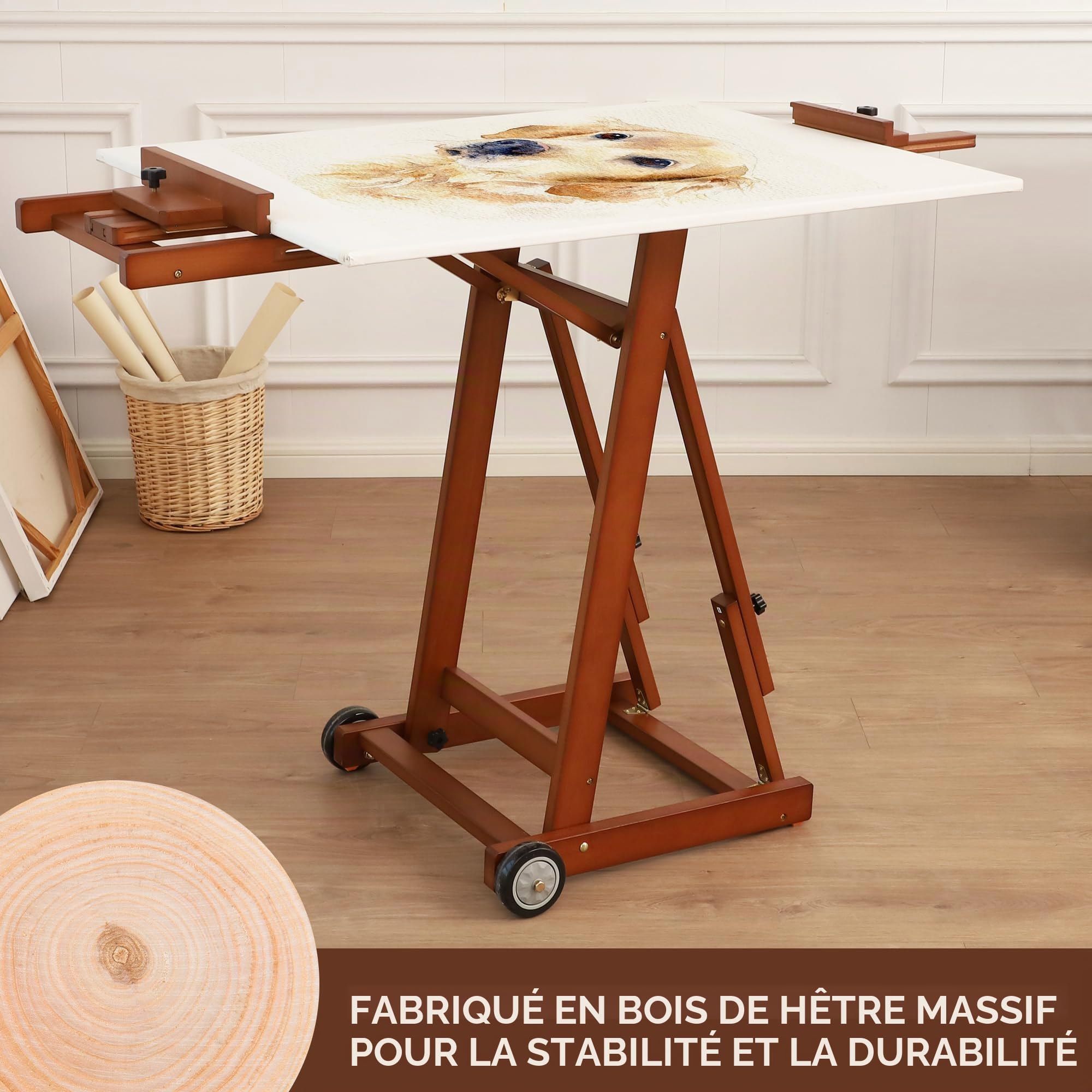 VISWIN Chevalet portable pliable à cadre en H de hauteur maximale 95", chevalet de sol mobile avec 2 roulettes silencieuses, chevalet de peinture d'artiste en bois de hêtre massif