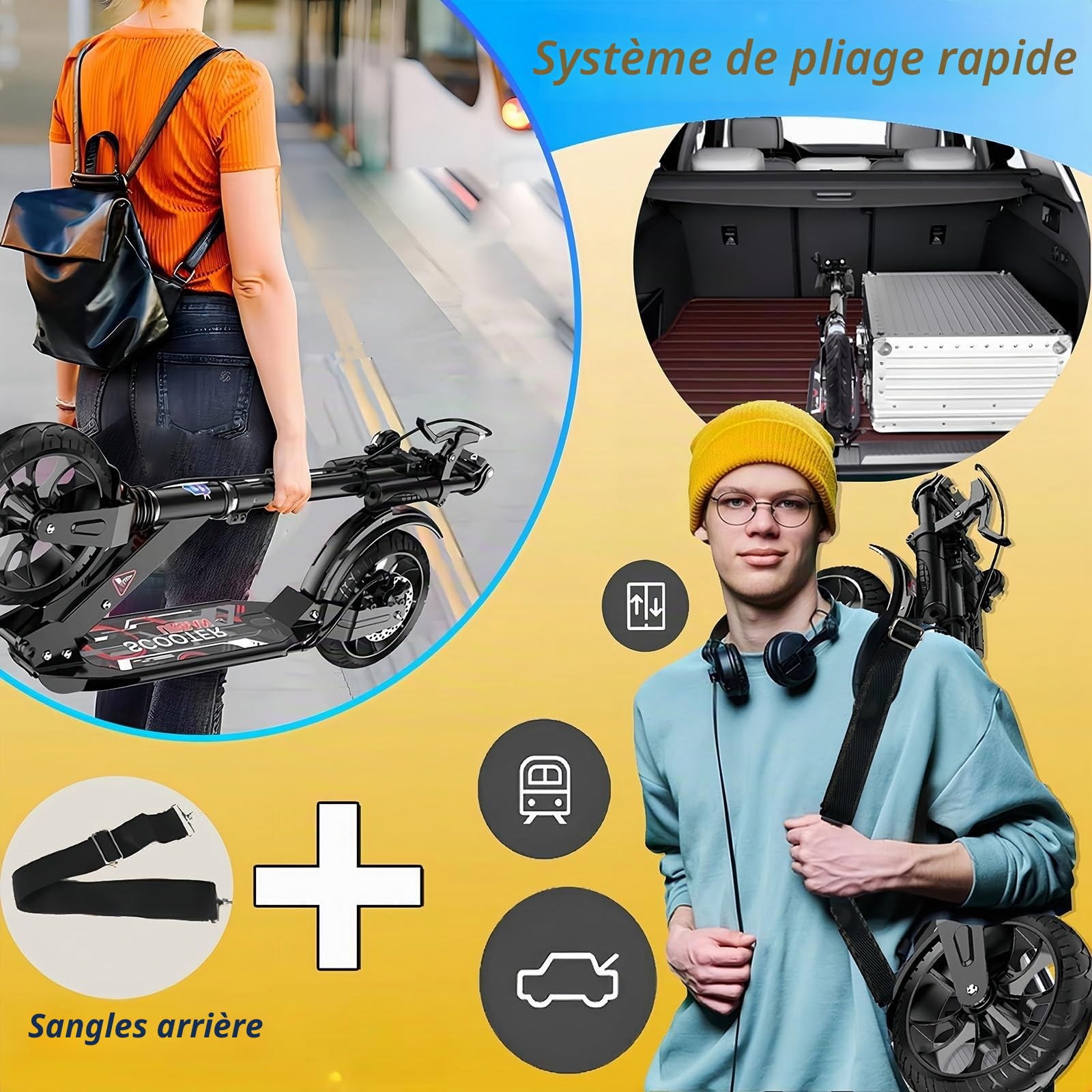 Trottinette Adulte 200 Mm Big Wheel City Scooter avec Freins Et Amortisseurs, Capacité De Charge 150 Kg, Réglable en Hauteur, Trottinette De Ville pour Enfants 8 Ans