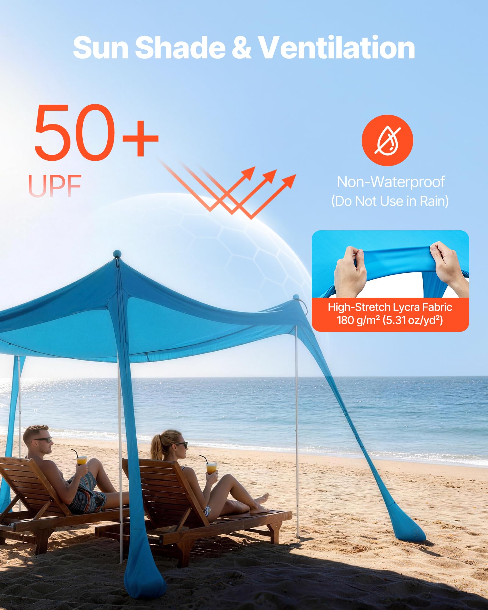 VEVOR Tenda Parasole Portatile da Spiaggia per Esterno Protezione Solare UPF 50+ 3 x 3 x 2 m, Parasole da Spiaggia con Pali di Supporto Ancoraggio Tenda Portatile per Campeggio Viaggio Pesca, Blu