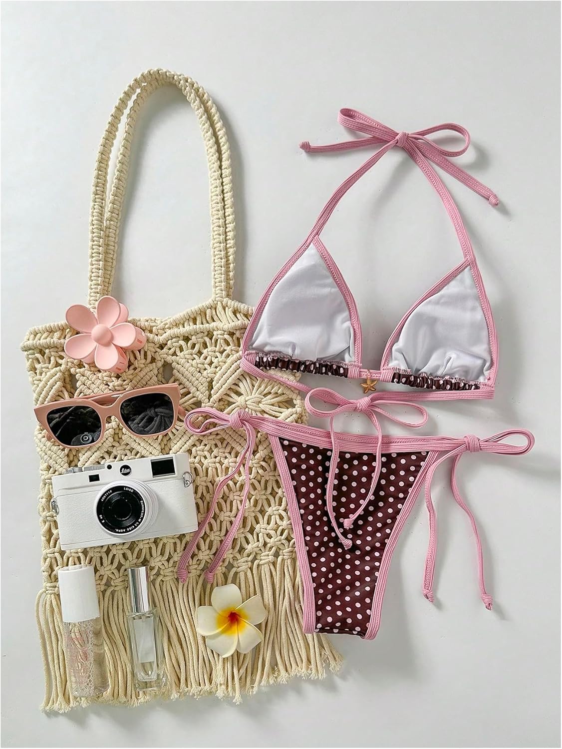 BEAUDRM Women's 2 Piece Gingham Bikini Set Cute Triangle Thong Bikini Halter String Bathing Suit High Cut Cheeky Swimsuit