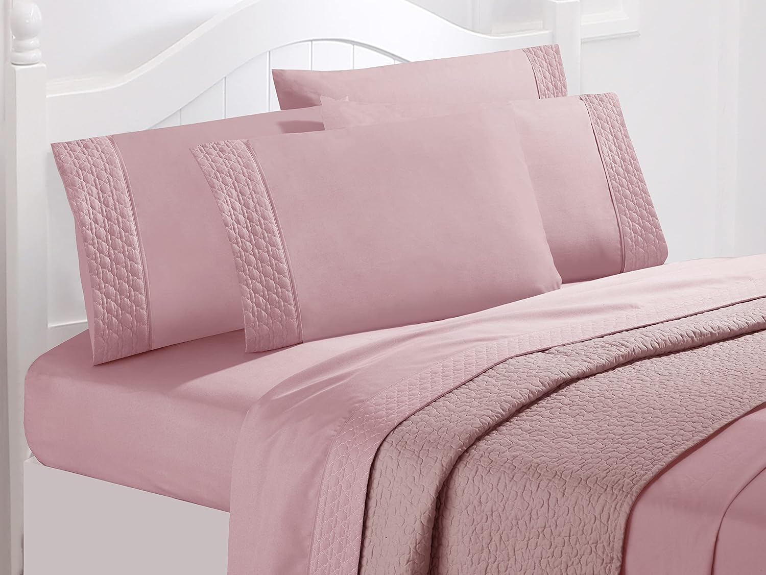 Elegant Comfort Luxury Soft Coziest 4-Piece Bed Sheet Set 1500 Thread Count Egyptian Quality Microfiber Wrinkle Resistant Beautiful Quilted Design on Flat Sheet and Pillowcases, Queen, Dusty Rose