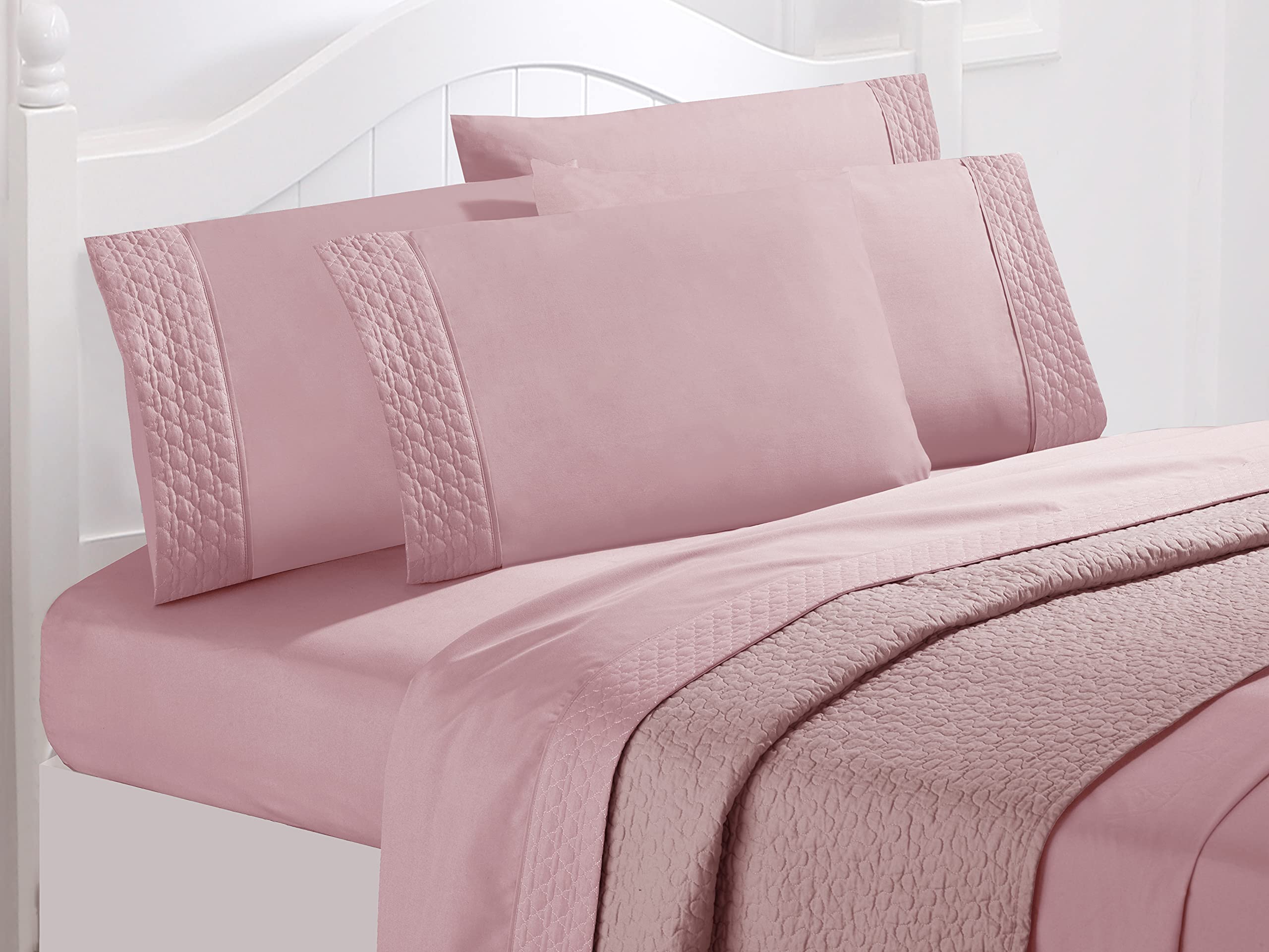 Elegant Comfort - Juego de sábanas Suave y Acogedor, 4 Piezas, 1500 Hilos, Calidad egipcia, Resistente a Las Arrugas, diseño Acolchado en sábana encimera y Fundas de Almohada, Queen, Rosa Polvoriento