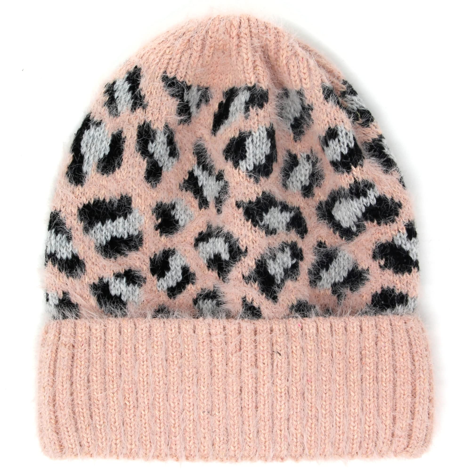 Photo 1 of 2 PACK! Winter Knitted Beanie Hats for Women with Faux Fur Pompom Soft Warm Knit Skull Cap for Women One Size-Medium Leopard(1) - Pink