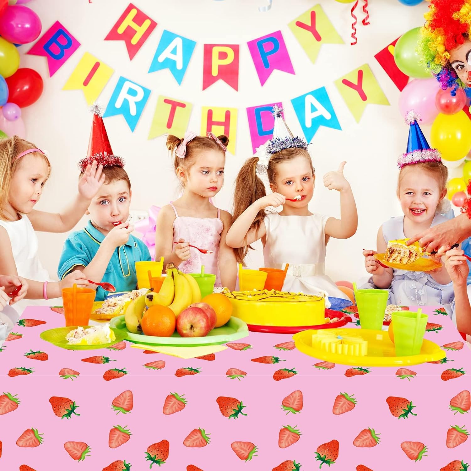 PHOGARY 2 PCS Strawberry Tablecloth for Strawberry Party Decorations, Disposable Plastic Rectangle Berry First Birthday Table Cloth for Kids Girls Berry Birthday Decorations Baby Shower 54"X108"
