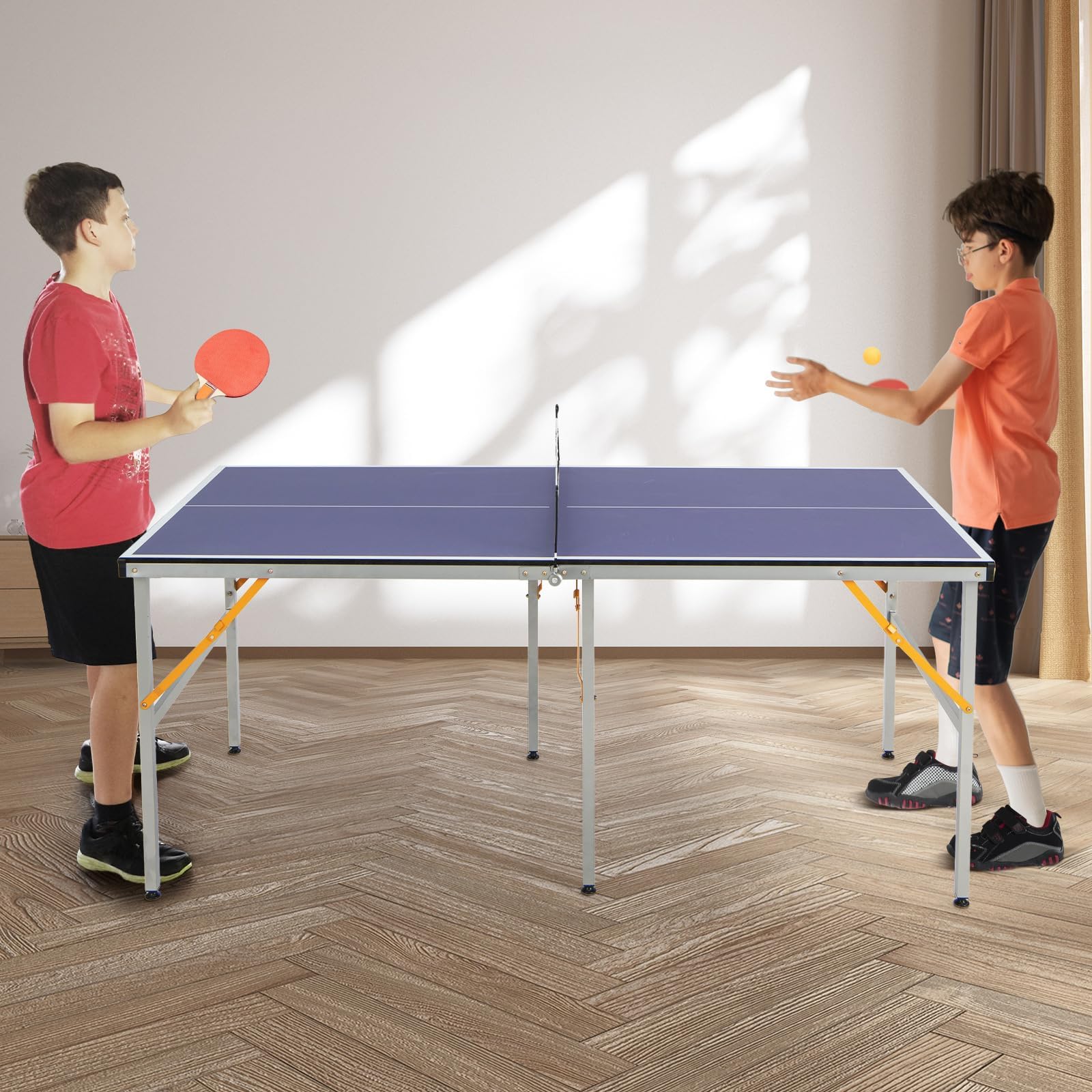 GYMAX Set Tavolo da Ping Pong Completo, Gioco da Ping Pong Pieghevole con Rete, 2 Racchette, 3 Palline, Maniglia Portatile, Tavolo da Ping Pong da Interni ed Esterni, Blu