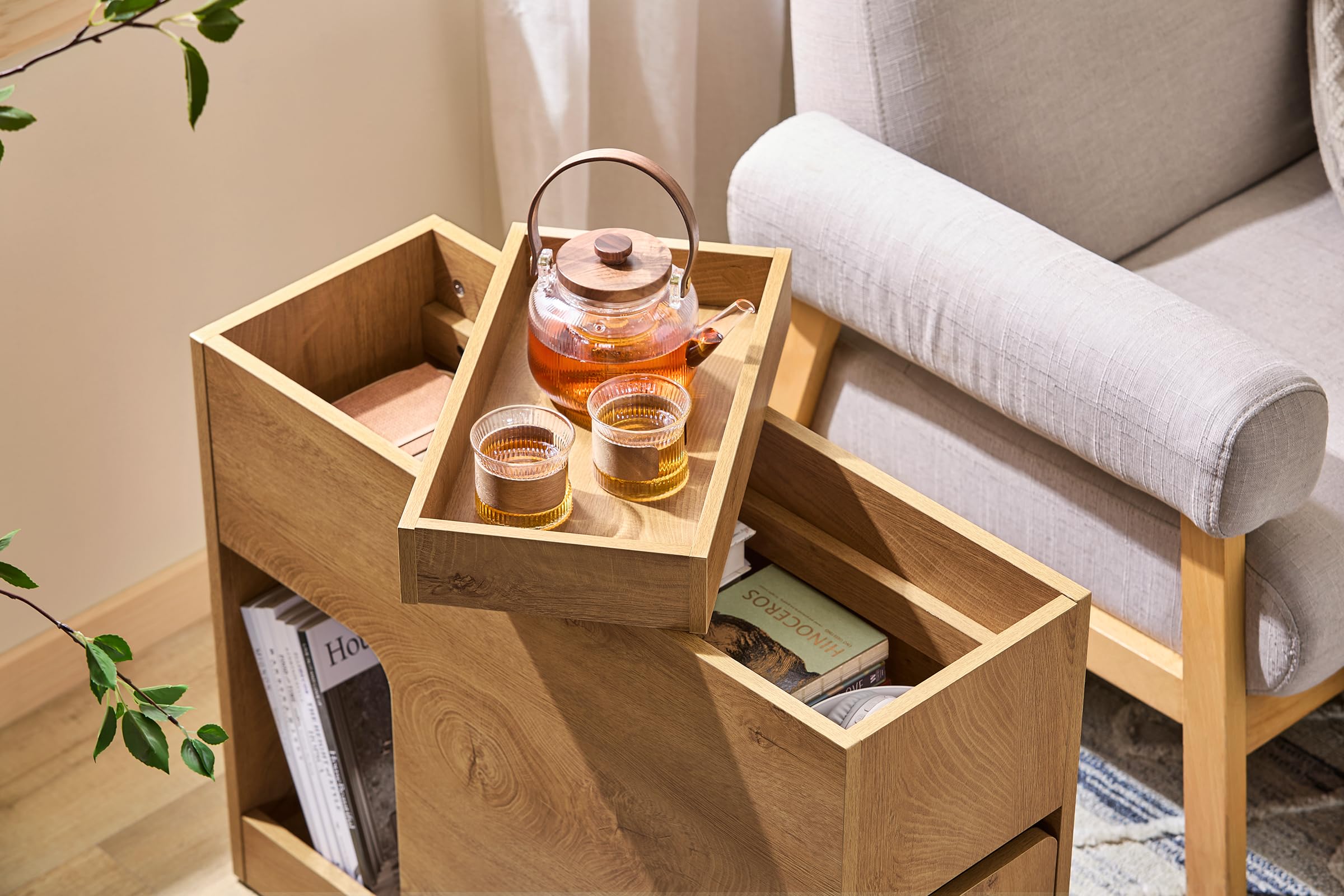 SoBuy Tavolino Stretto con Vassoio Estraibile & Cassetto, Comodino Stretto 25 cm, Mobile Salvaspazio per Soggiorno, Camera da Letto, Naturale, L25 x P70 x H55 cm, FBT158-N