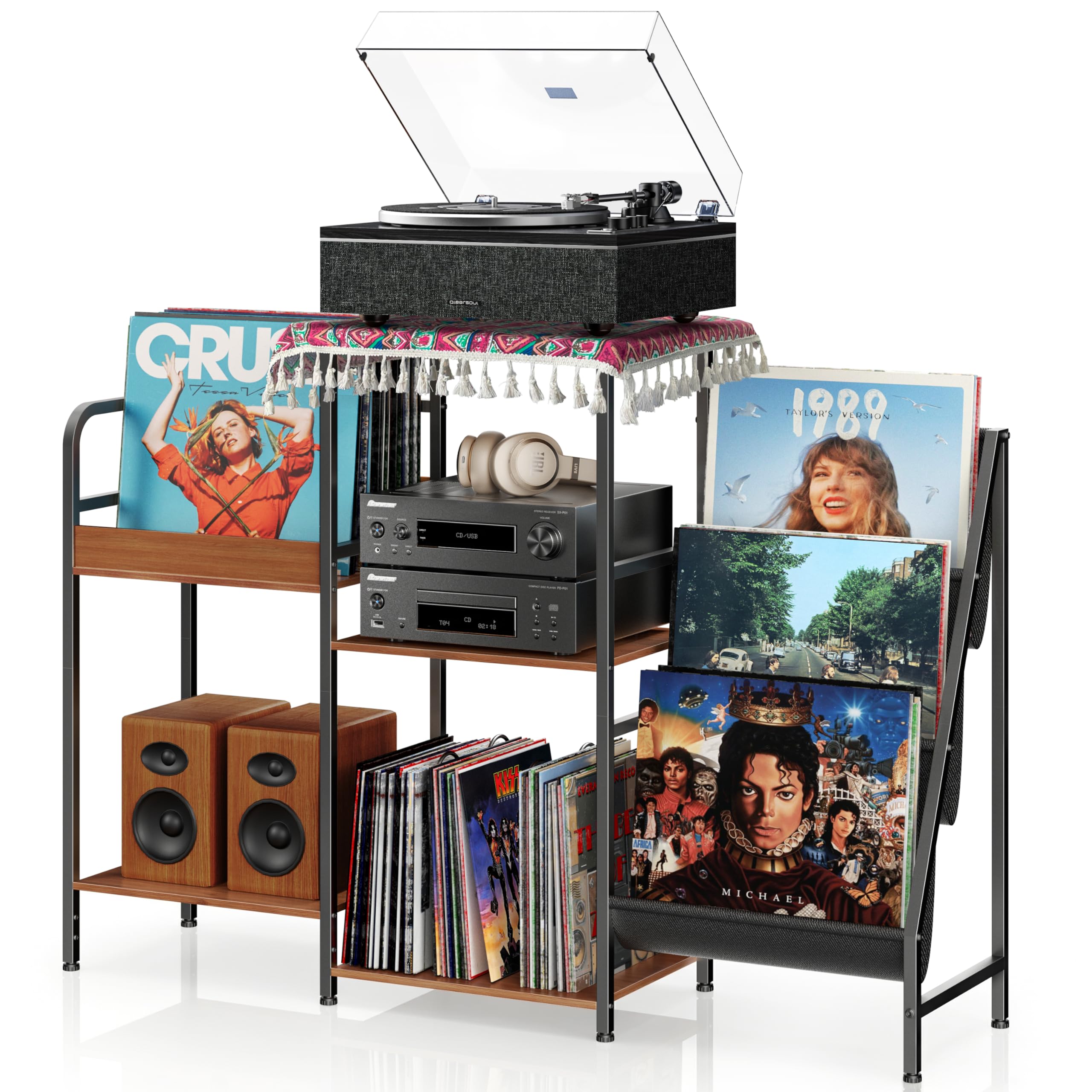 Vinyl Record Stand, 3-Tier Record Player Table with Left and Right Storage for Living Room Bedroom