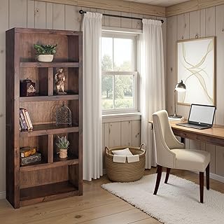 Bridgevine Home Sausalito 79 inch High Bookshelf, 4-Shelf Bookcase, Fully Assembled, Knotty Alder Solid Wood, Whiskey Finish