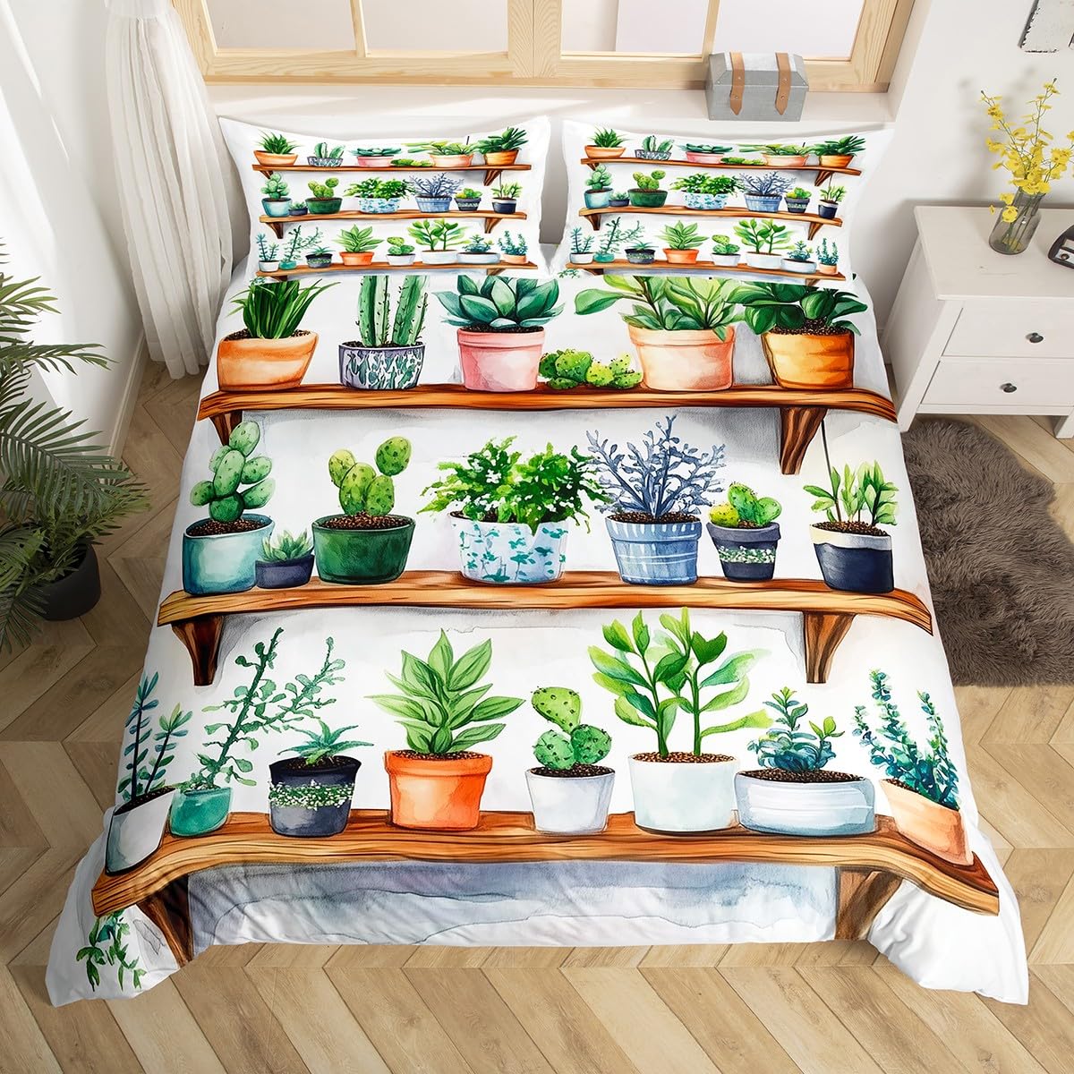 Plant Single Comforter Cover for Kids Country Green Plant Duvet Cover,Potted Plants Print Bedding Set Botancial Cactus Tropical Leaf Wooden Bed Set for Adults Room With 1 Pliiow Case