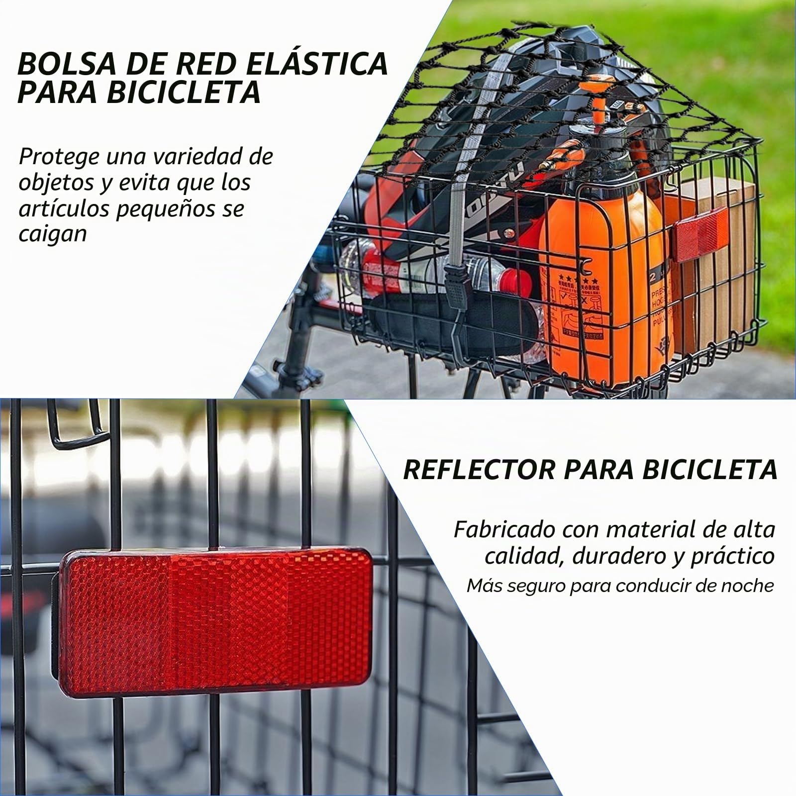 W&H Cesta trasera plegable para bicicleta, cesta de metal grande, plegable, cesta para bicicleta, portaequipajes trasero con accesorios de montaje, red para equipaje y reflector, cesta para bicicleta