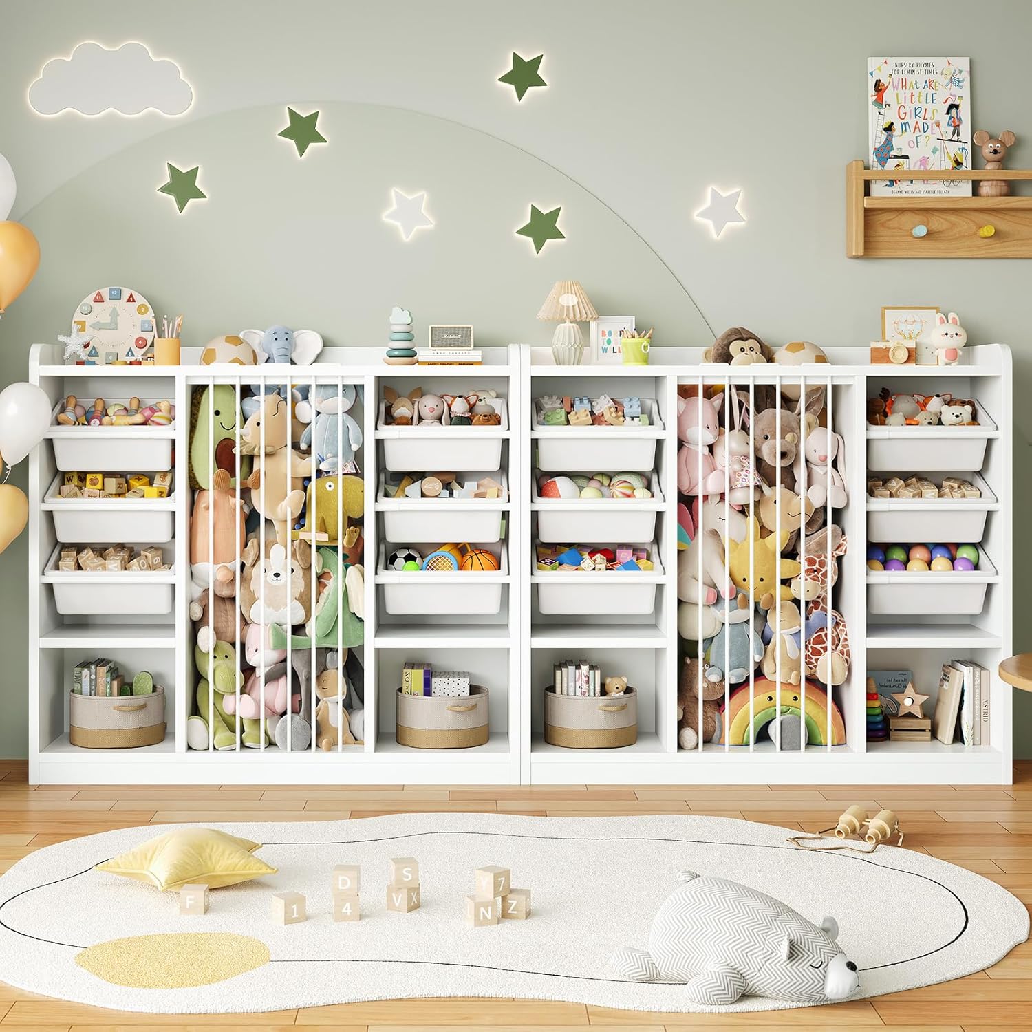 ONBRILL Toy Storage Organizer with 6 Removable Plastic Bins, Toddler Stuffed Animal Storage, Toy Box Cabinet with 2 Open Cubbies, Book Shelf for Kids Room Playroom Bedroom Nursery (White)