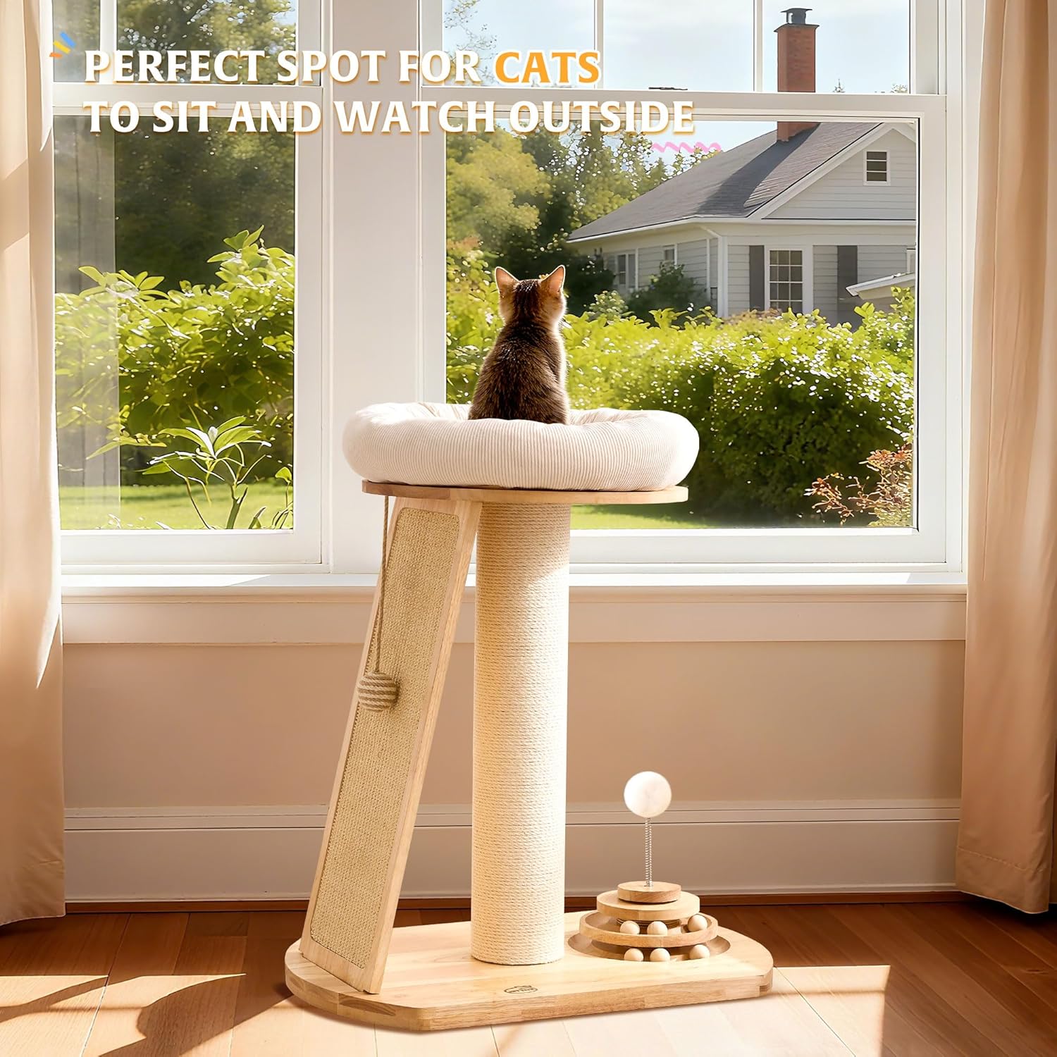 HITTITE Solid Wood Cat Tree Tower, Cat Scratching Post with Bed, 27" Small Cat Tree, Compact Cat Tower with Scratching Pad and Removable Cat Bed, Modern Cat Tower for Indoor Cats Large Adult.