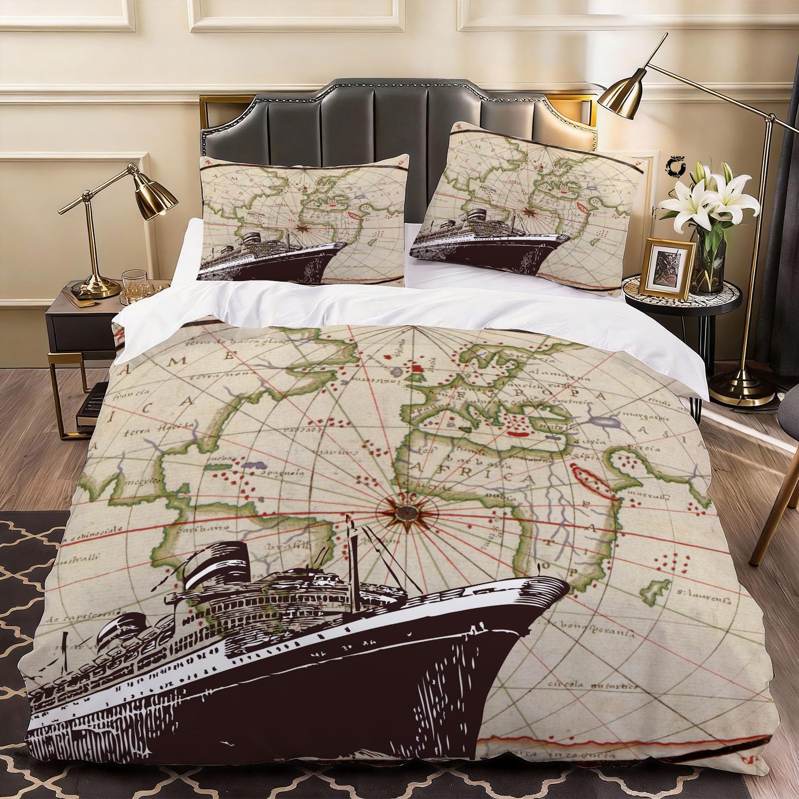 3D Vintage Map Duvet Cover Vintage World Map Bedding Double Bed Set, Soft Microfiber Comforter Cover Printed with Zipper Closure Quilt Coverr 200x200 cm and 2 Pillowcases
