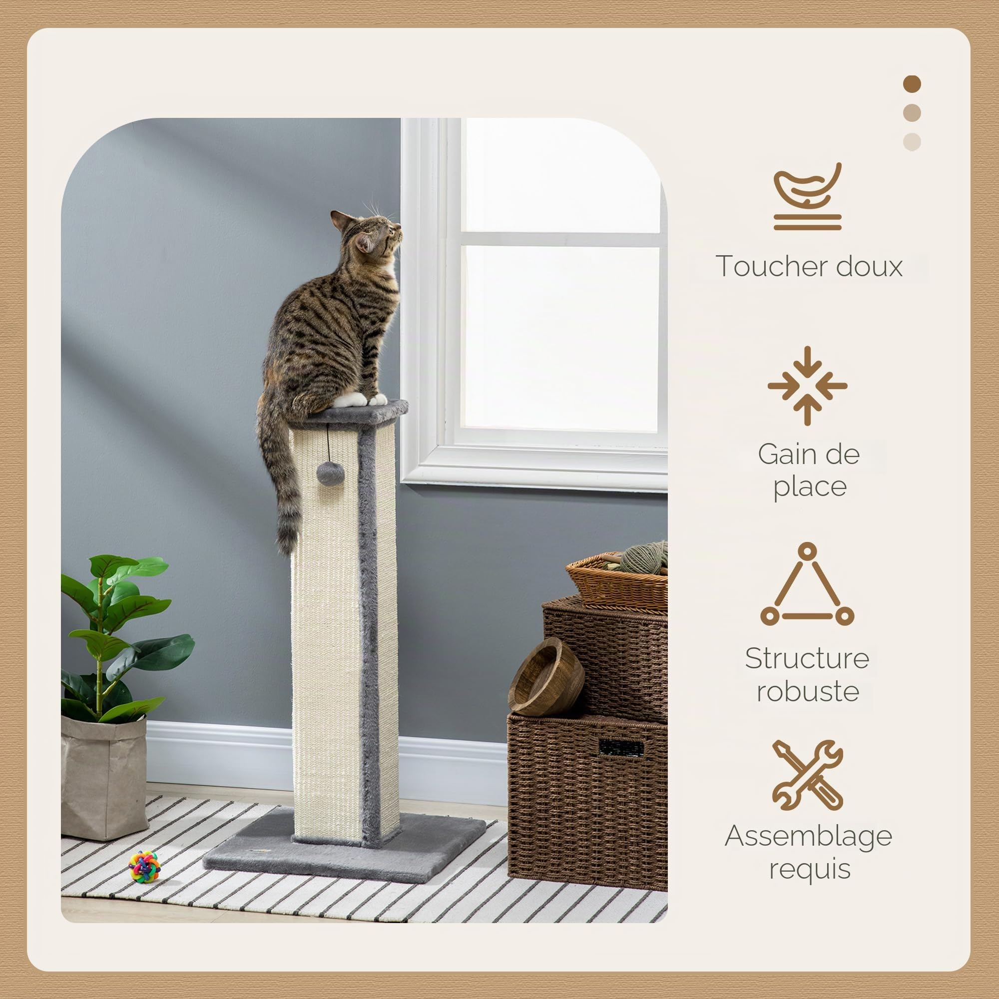 PawHut Griffoir pour Chat 81 cm Arbre à Chat en sisal et Peluche, Poteau griffoir avec Boule Suspendue Base Stable, grattoir à Design Moderne 41 x 41 x 81 cm, Gris et crème
