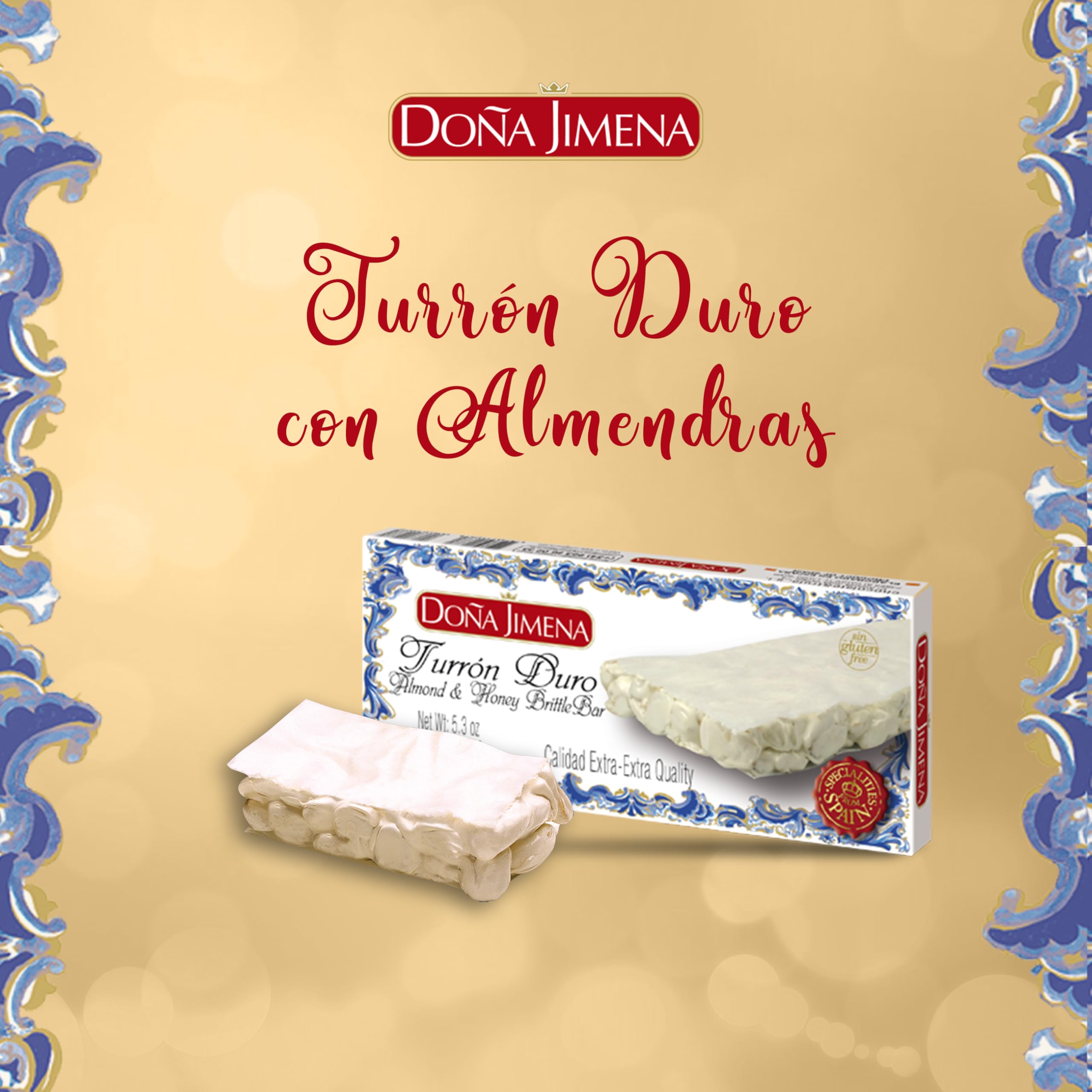 DOÑA JIMENA - Turrón Duro Extra con Almendra Miel y Clara de Huevo, Textura Crujiente, Típico Dulce Navideño Calidad Suprema Sin Gluten, Turrón Tradicional 150G
