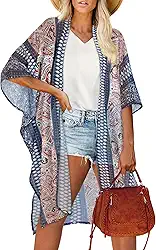 Saída de praia feminina quimono para o verão, cardigã, casual, solta, Estampa étnica azul, Large