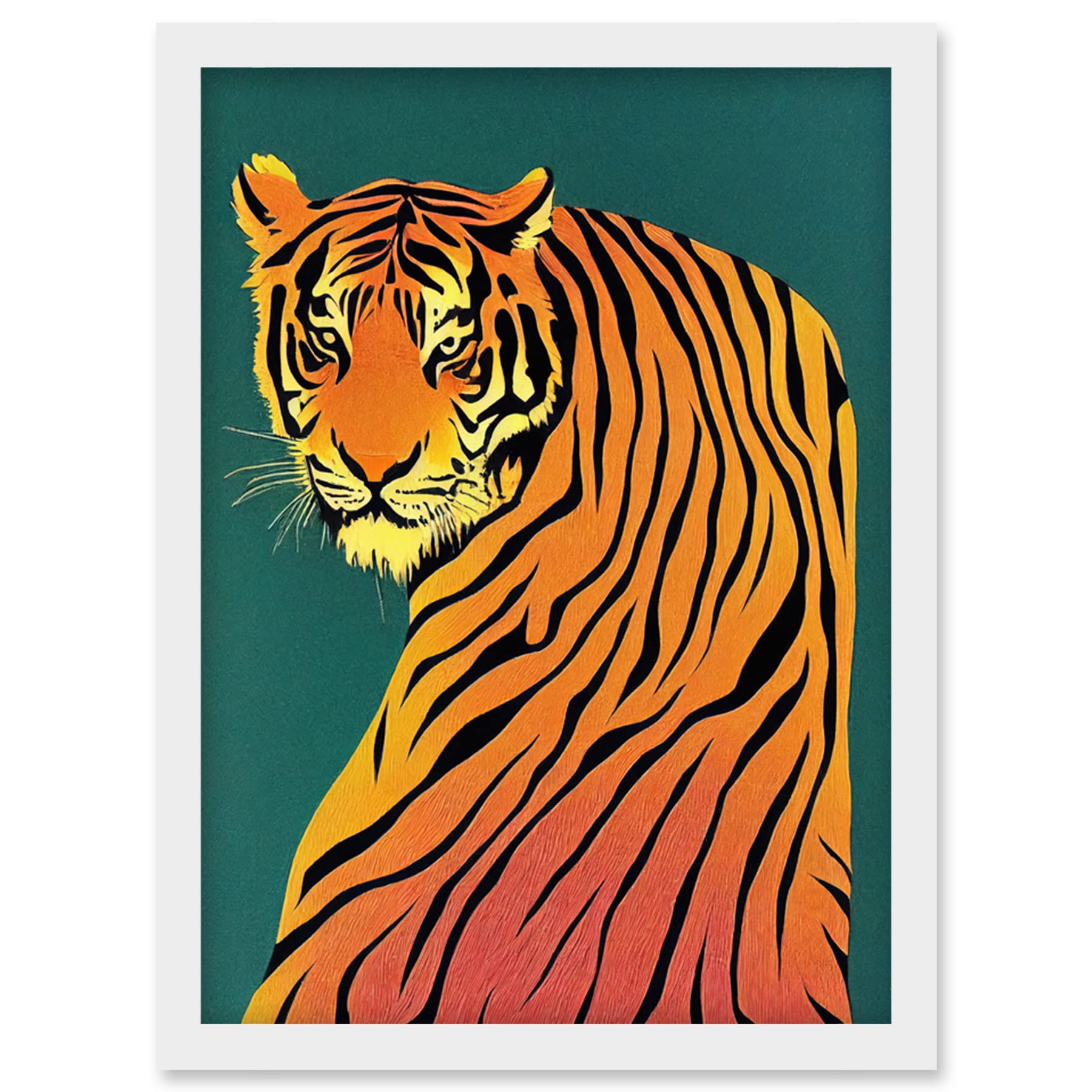Wee Blue Coo Modern Tiger Portrait on Teal Orange Bold Artwork Framed Wall Art Print A4