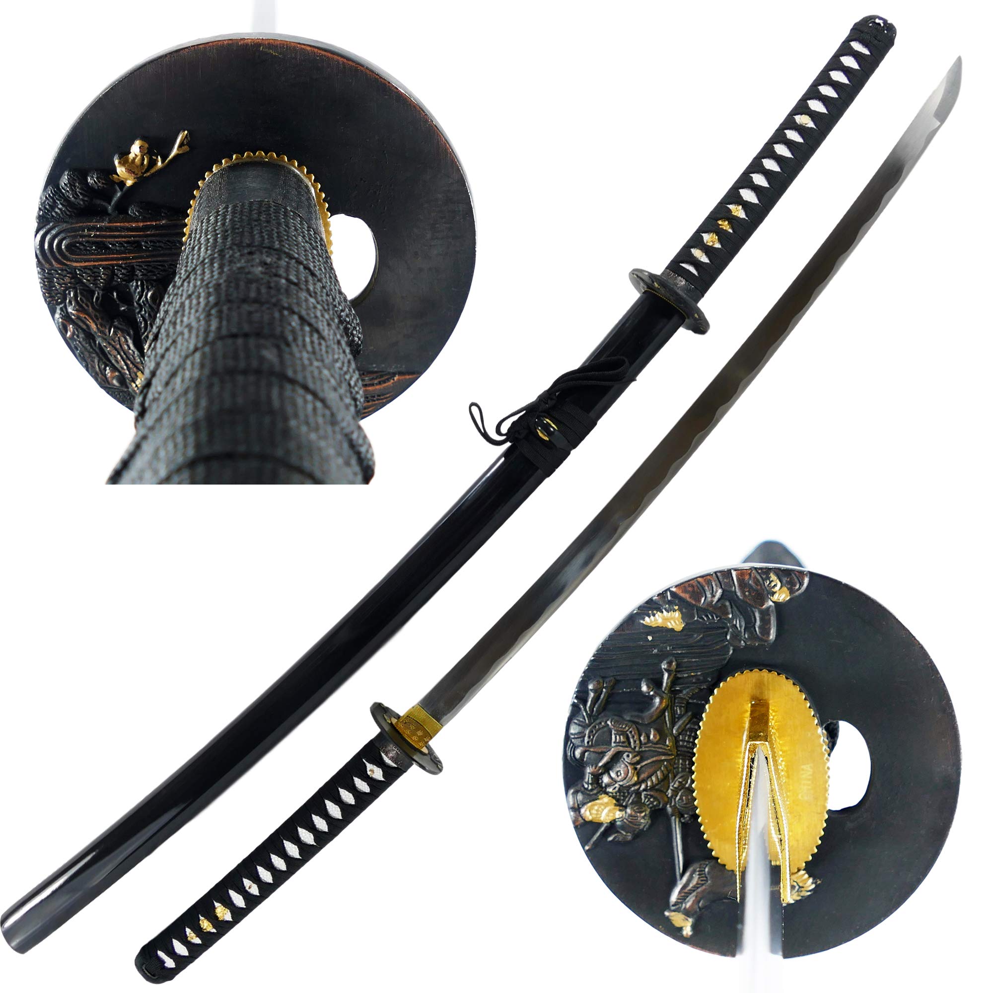 MAKOTO Handmade Sharp Katana Samurai Sword, Black, Choose Your Tsuba (Warrior)