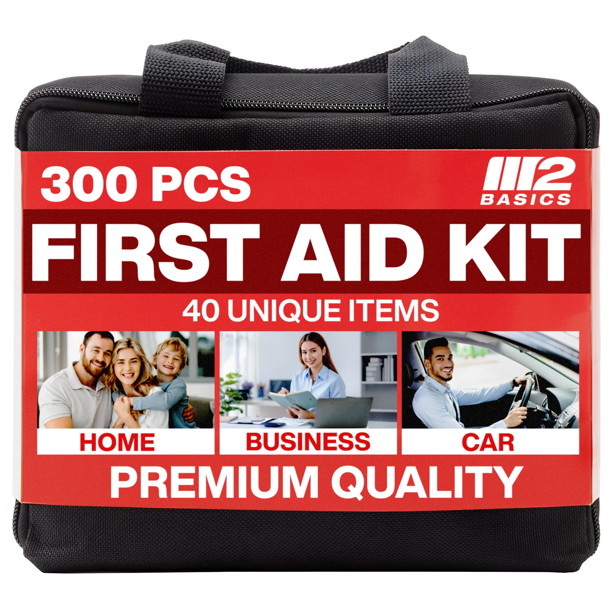 M2 BASICS 300 Piece First Aid Kit, 40 Items, Compact Emergency Medical Kit with Durable Carry Bag for Home, Car, Travel, Office, Camping