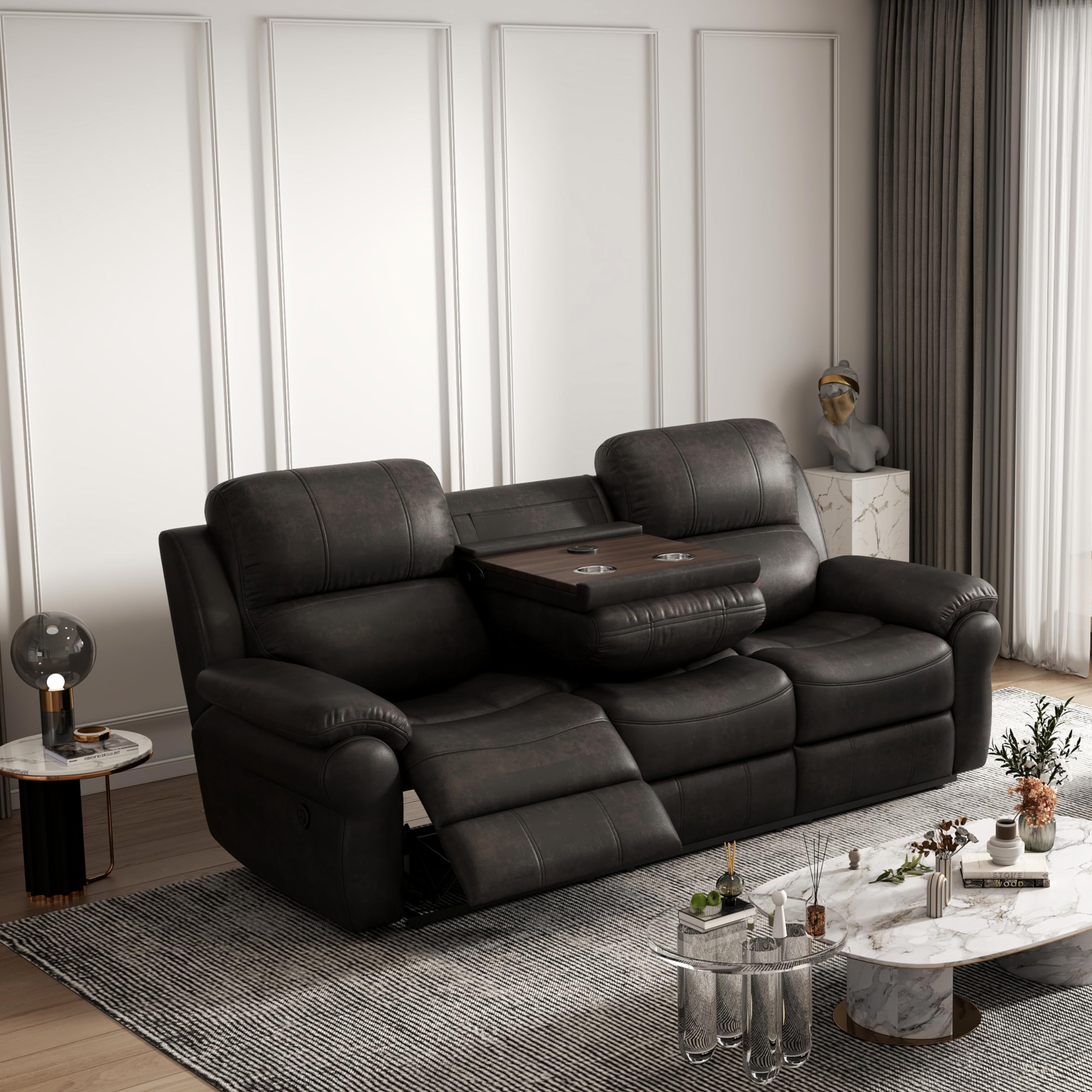FANYEBreathable Leather Upholstered Power Motion 3 Seaters Sofa Couch W/USB Port, Wireless Charger,Stainless Steel Cupholders,Drop Down Table,2 Recliner Chaises and Magazine Bag, 85", Espresso