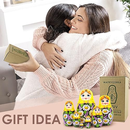 Miniatura 6 de AEVVV Juego de 7 muñecas rusas Matryoshka - Muñecas rusas en vestido de Sarafan con manzanilla pintada a mano y flores lilas - Matreshka rusa