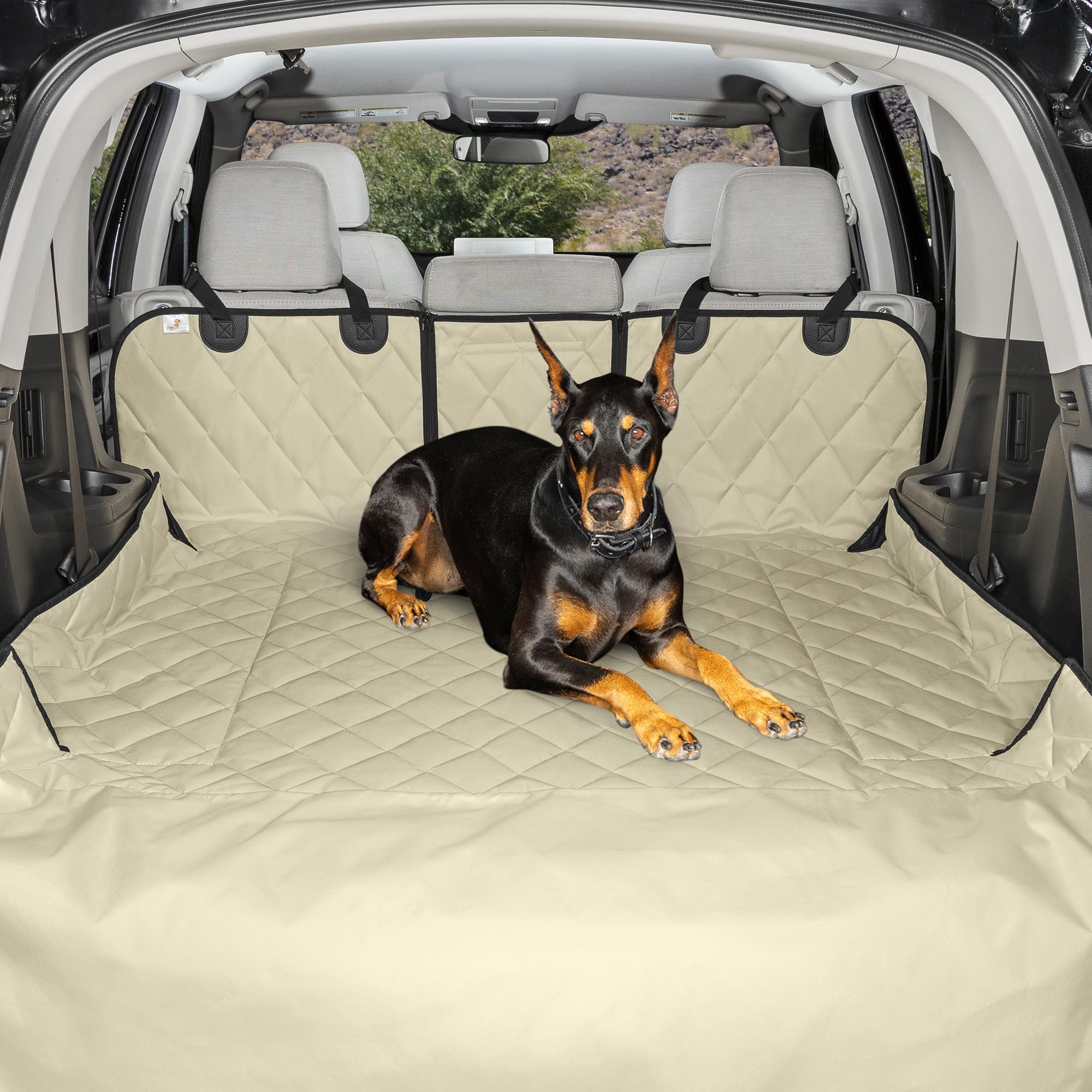 4Knines Split Cargo Liner for SUV – For Dogs & Pets, Heavy-Duty, Waterproof Trunk Mat & Cargo Cover – Fits 60/40 Split Bench & Armrest Pass-Through – Machine Washable, Non-Slip, Durable (Small, Beige)