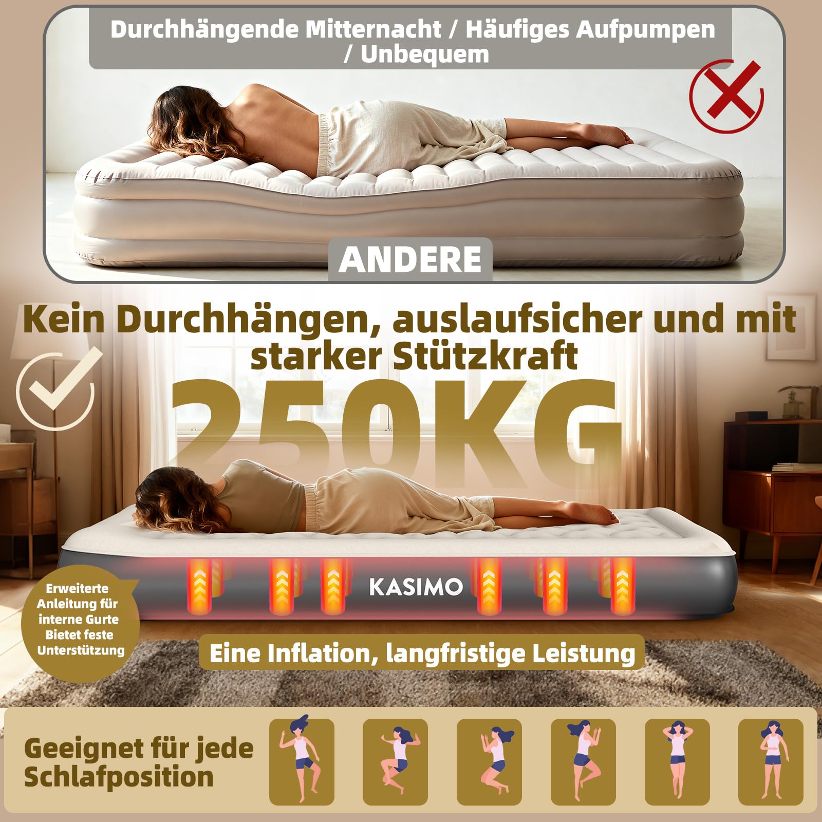 KASIMO TPU Luftmatratze selbstaufblasend 1 Person Gästebett mit integrierter Pumpe 190x90x22cm