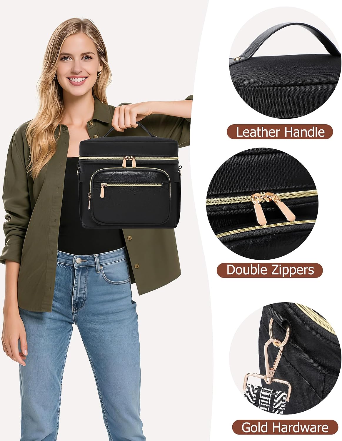 BAVERGE Insulated Lunch Bag for Women, Leakproof Cooler Lunchbox for Adult Work Large Lunch Tote Purse with Adjustable Shoulder Strap Cup Holder for Meal,Black
